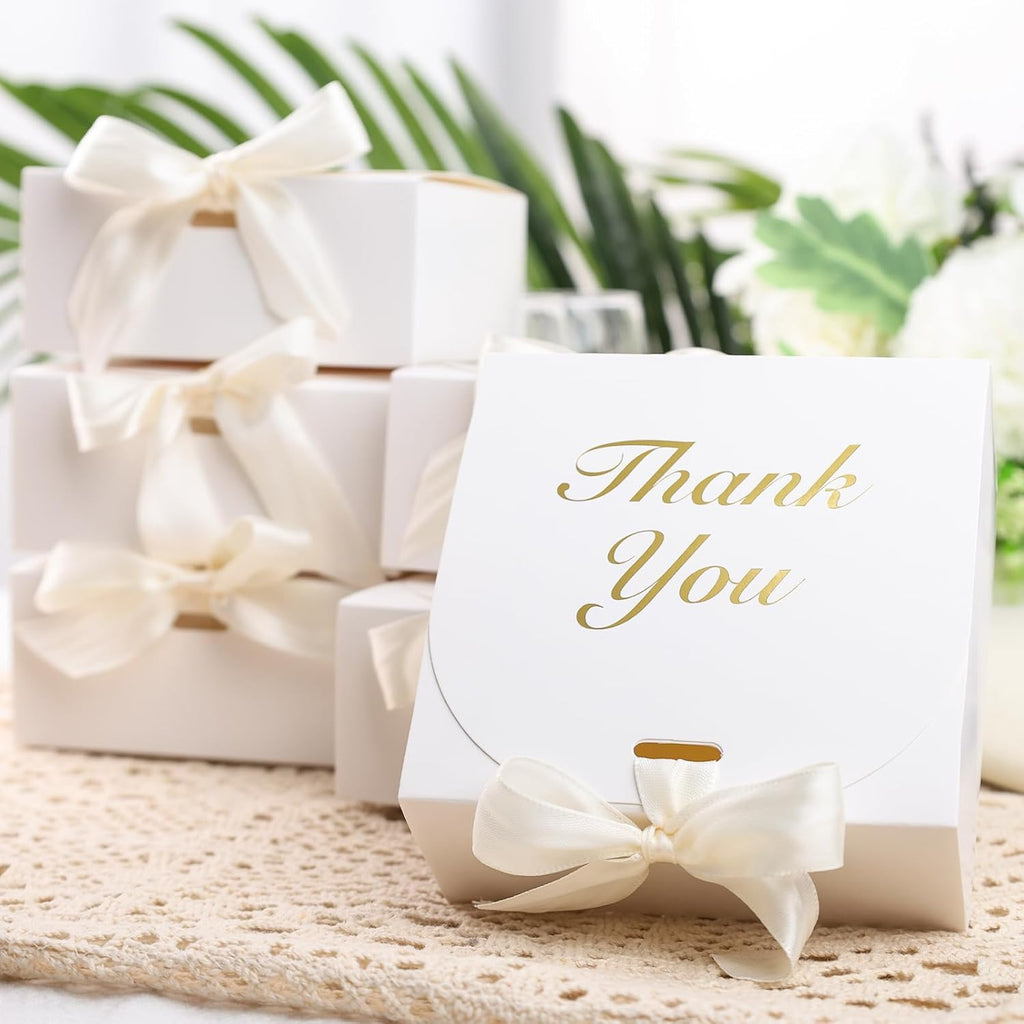 20PCS Thank You Gift Boxes, 4.5X4.5X1.9Inches Mini Party Favor Boxes White Treat Bags with Bow Ribbon for Wedding Bridal Baby Shower Birthday Party