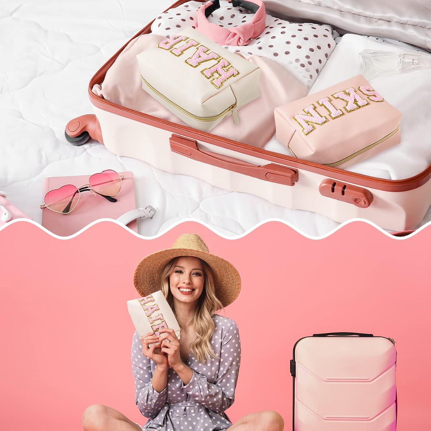 2 Pcs Preppy Makeup Bags Chenille Letter Patch Bag Face Skin Hair Stuff Aesthetic Cosmetic Bag Travel Zipper Pouch Makeup Organizer Graduation Gift for Girls (White, Pink,Hair, Skin)