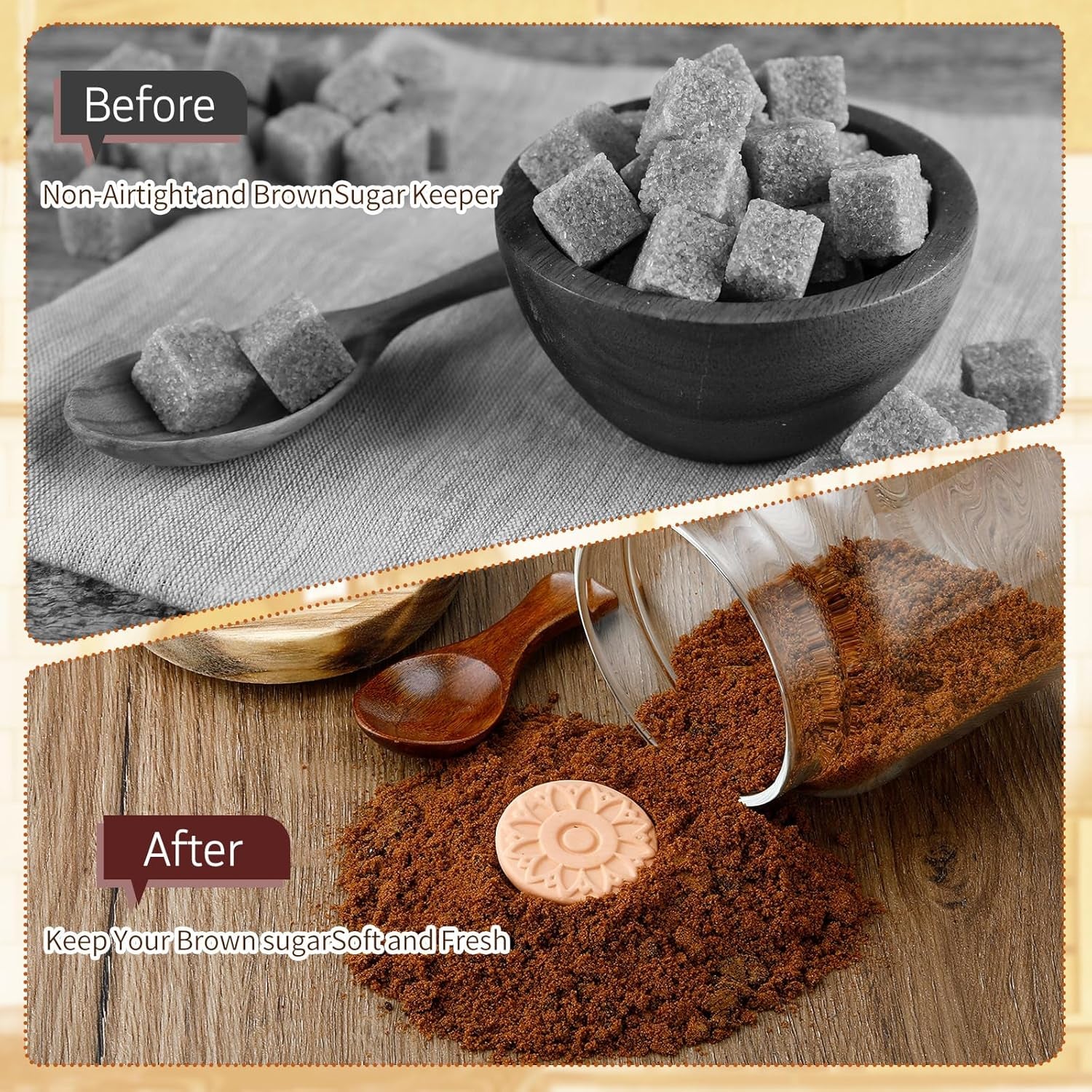 2 Pack Brown Sugar Keeper Container with Spoon, 500 Ml / 0.53 Qt Glass Brown Sugar Storage Container with Wooden Spoon and Lid, Clear Glass Storage Jar for Baking, Salt and Snacks Saver