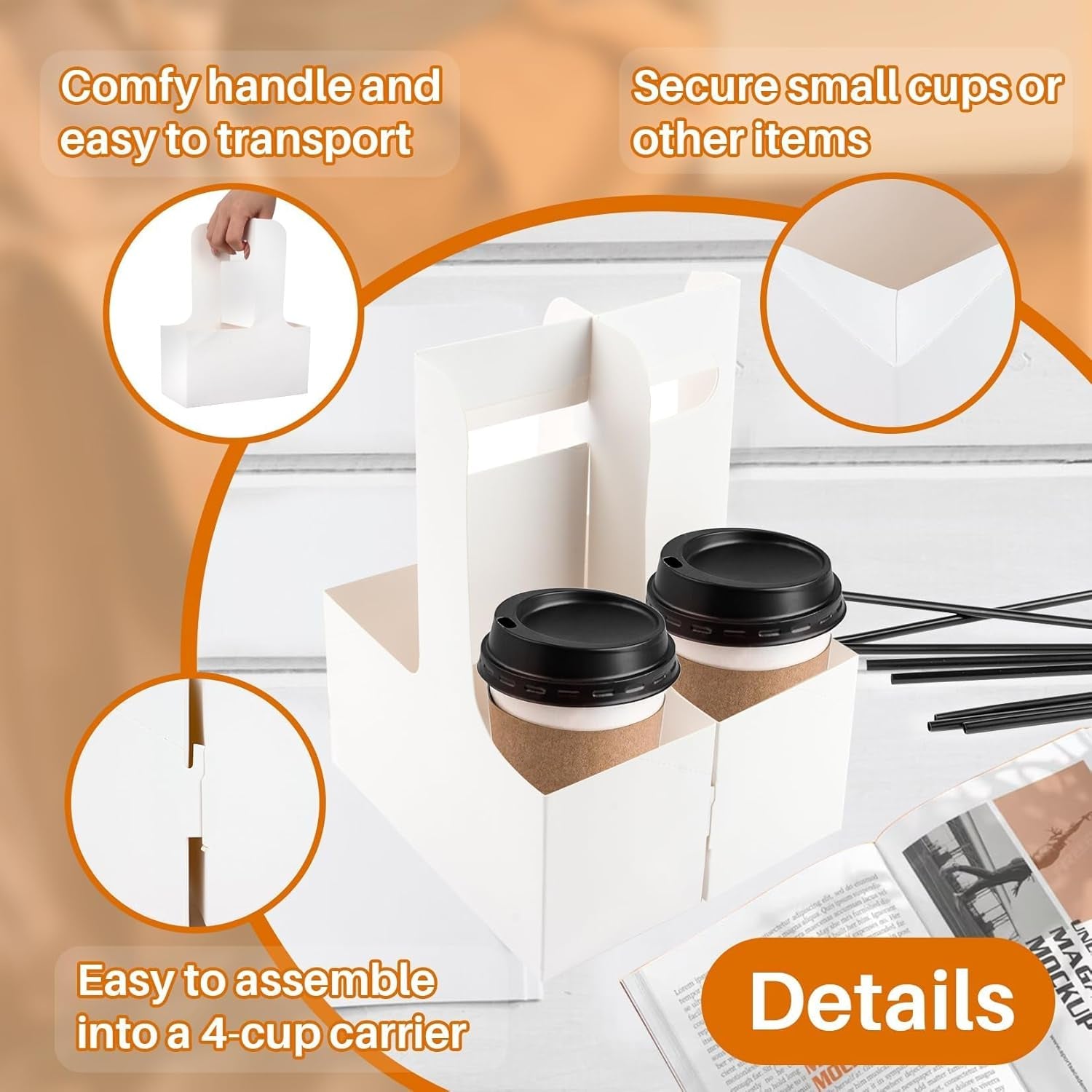 2 Cup Drink Carrier with Handle - 12Pcs Disposable Paper Cardboard Coffee Cup Holder Portable Drink Caddy Cup Carriers to Go Cup Holder Food Delivery Accessories for Hot/Cold Drinks (White)