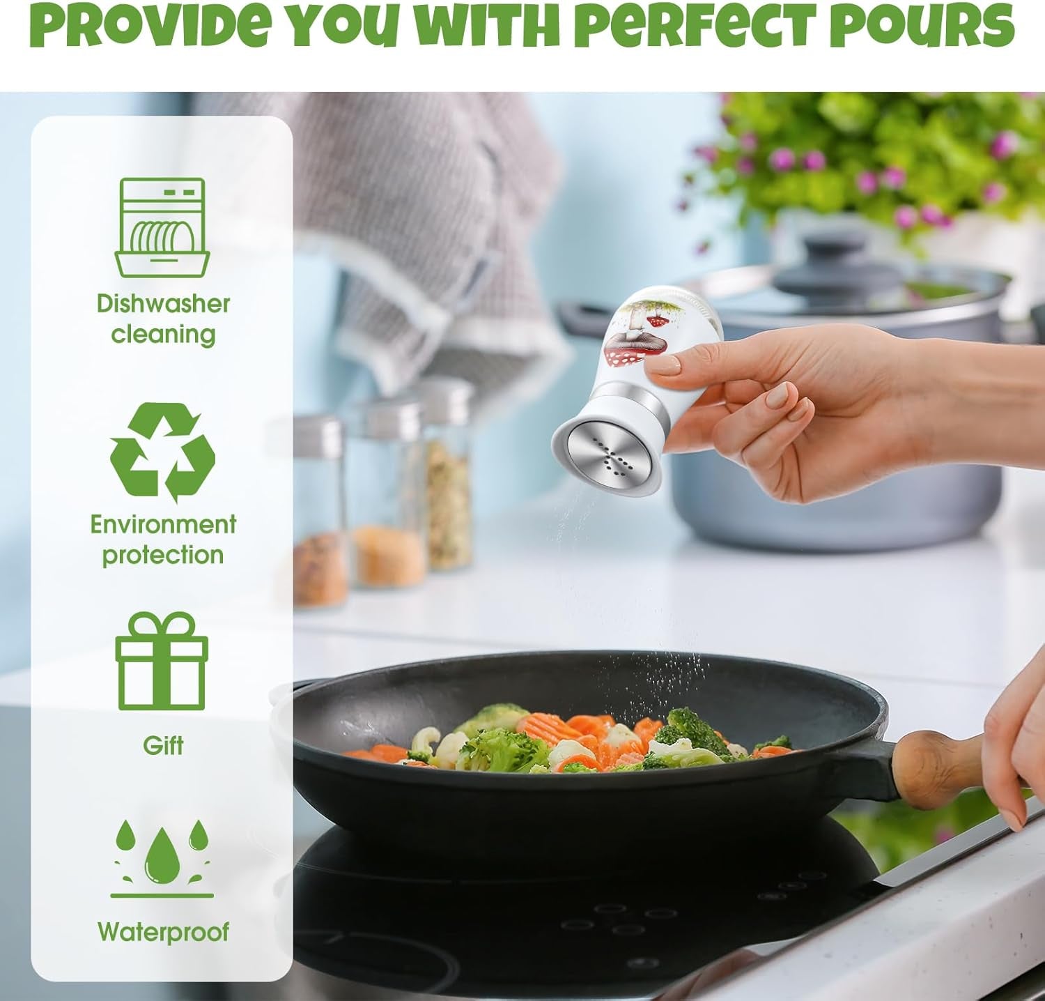 2 Pcs Salt and Pepper Shakers Set Cute Stainless Steel Salt Pepper Containers with Glass Bottle for Kitchen Cooking, BBQ, Bar, Table, RV, Camp (Mushroom)