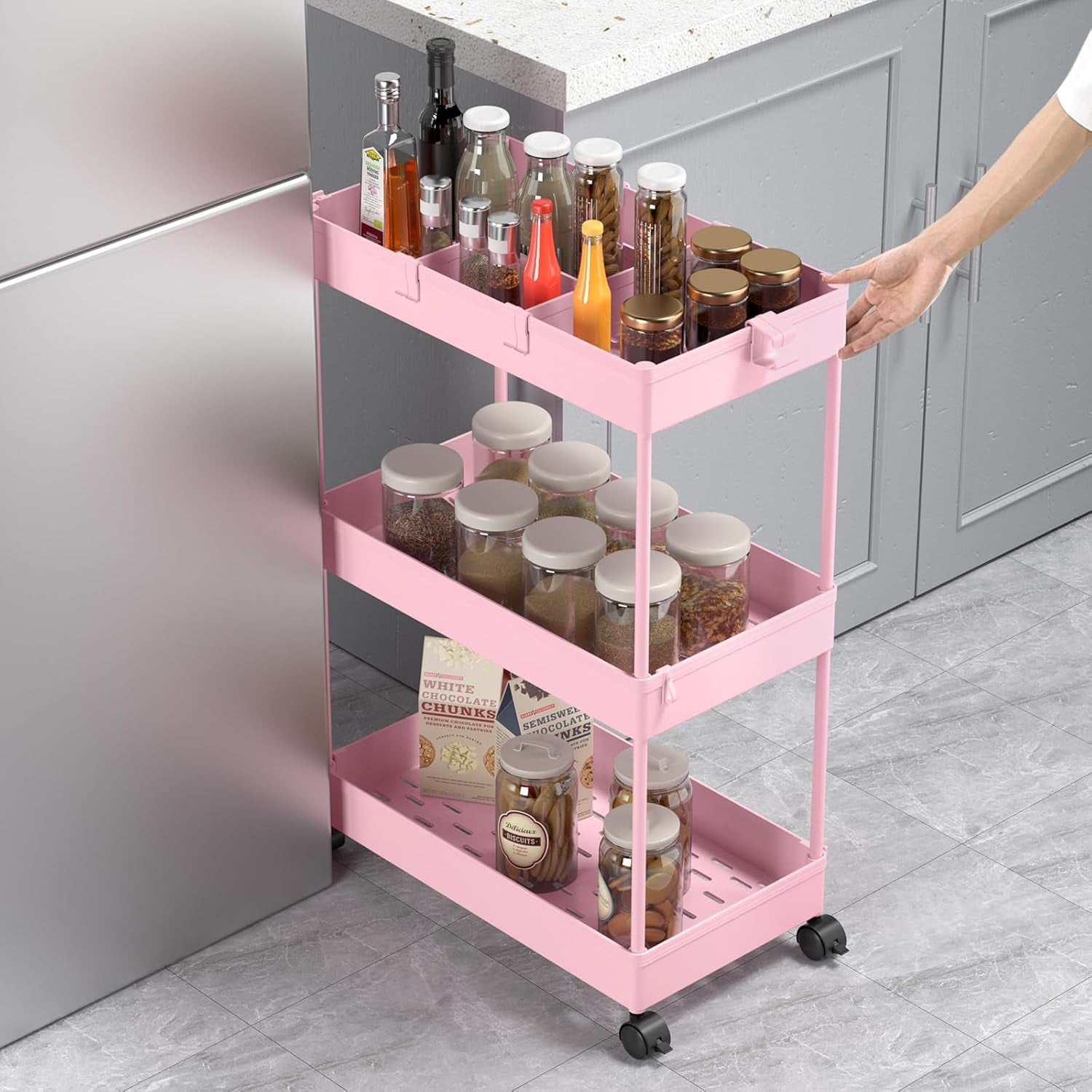3 Tier Rolling Cart with Wheels, Storage Craft Art Trolley Organizer Serving, 3 Hanging Baskets Easy Assembly, for Office, Living Room, Kitchen, Pink