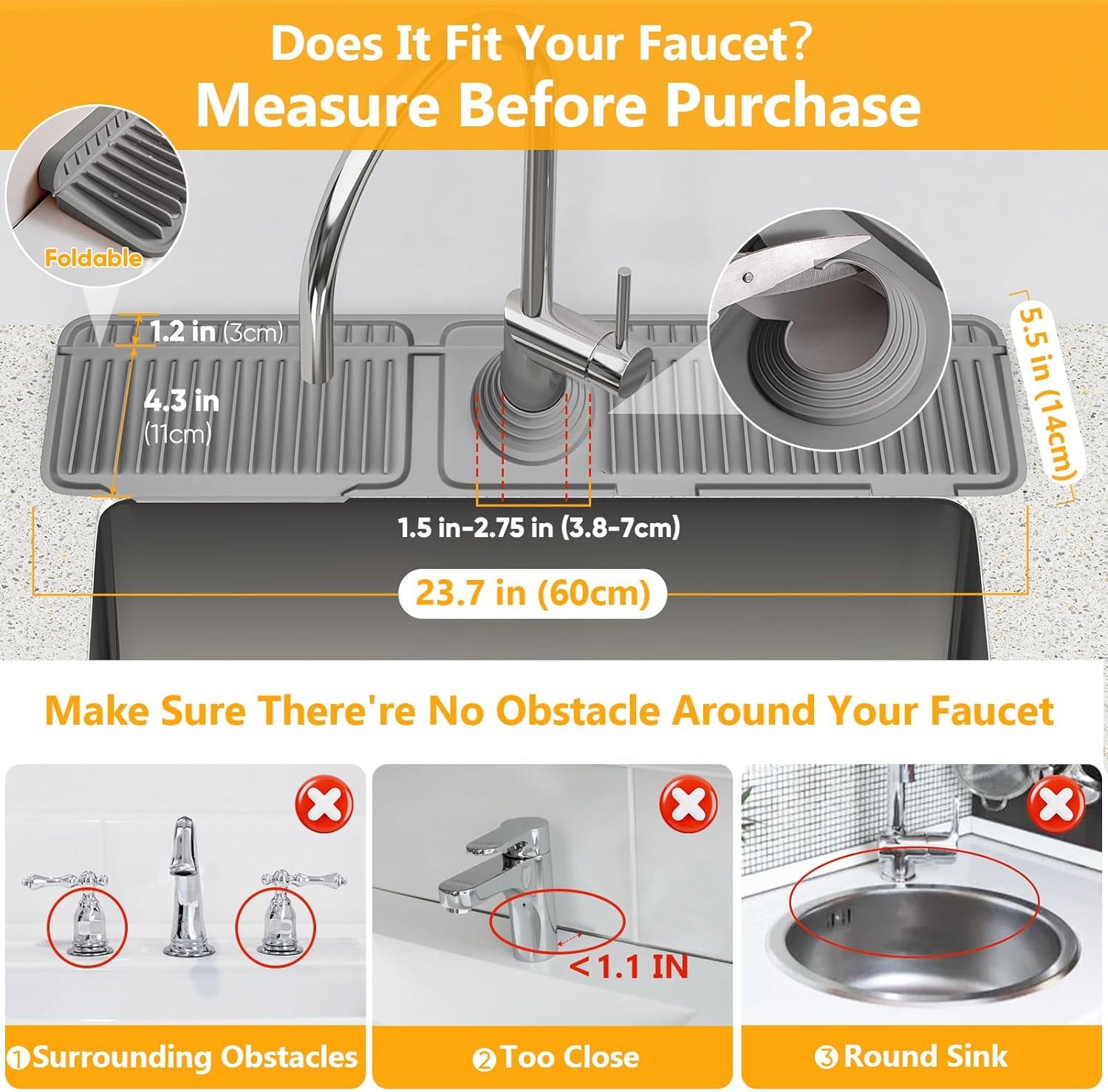 24'' Longer Faucet Mat for Kitchen Sink Splash Guard[7° Slope Fast Self-Draining][Snap Lock Fit]Kitchen Sink Faucet Mat Splash Guard Kitchen Sink Area Water Splash Guard behind Faucet Draining Mat