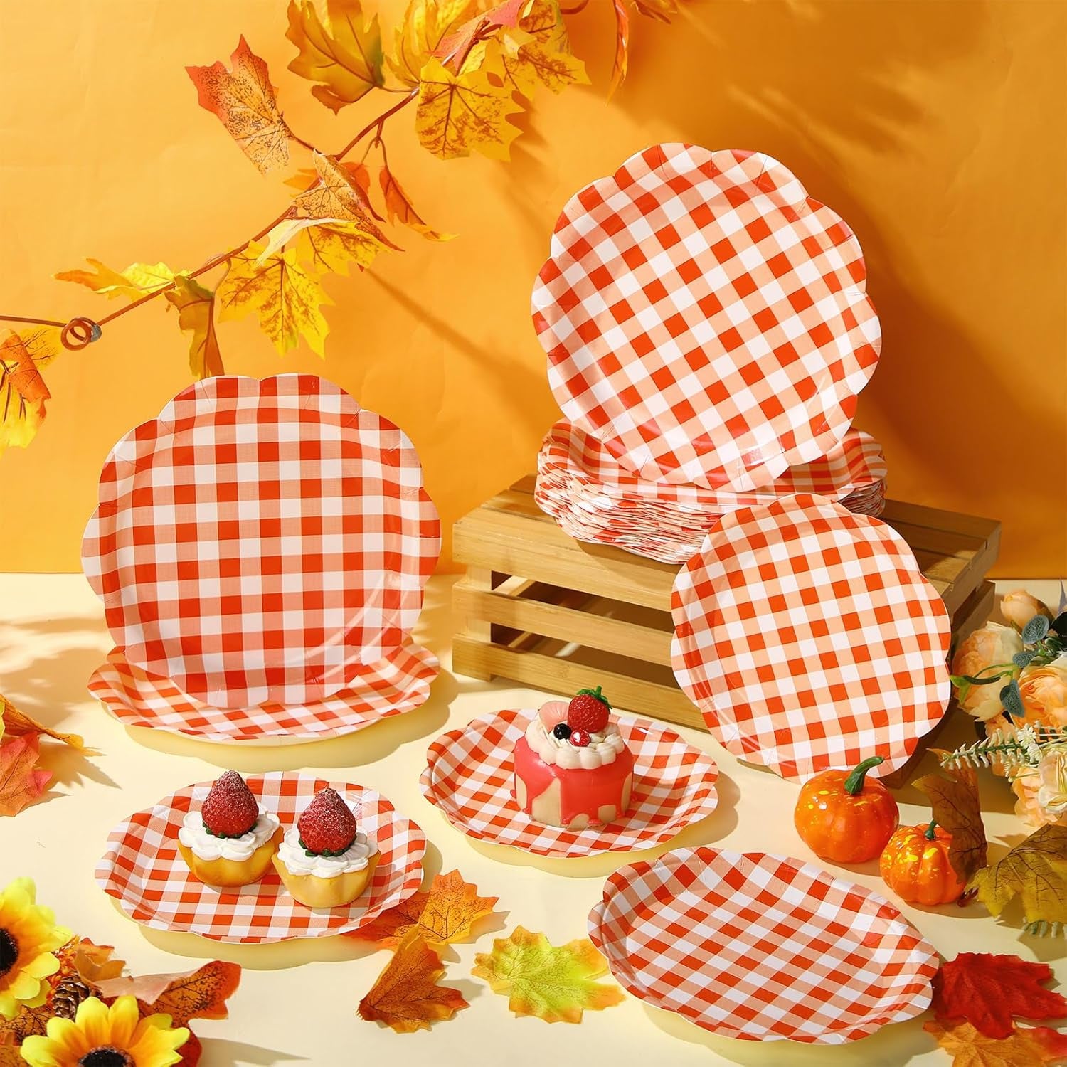 100 Pack Christmas Paper Plates 9" & 7" Snowman Winter Gingham Disposable Dessert Plates for Holiday Xmas Party Supplies(Scalloped,Orange)