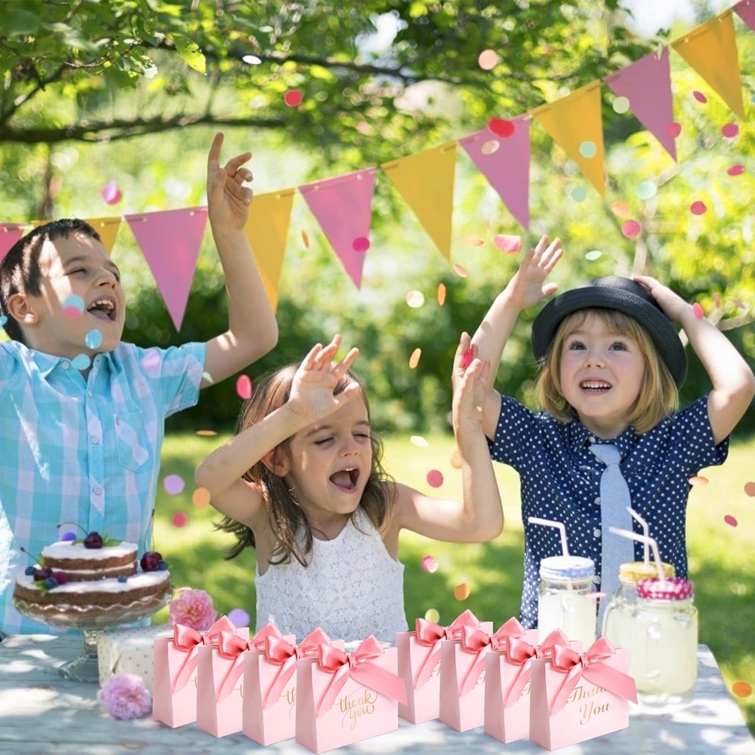 24PCS Thank You Gift Bags, 4.5X3.9X1.8Inches Mini Party Favor Bags Pink Small Candy Boxes with Ribbon Small Gift Boxes for Wedding Bridal Baby Shower Birthday Party