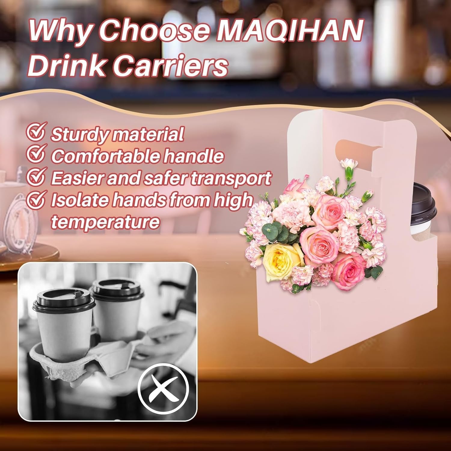 2 Cup Drink Carrier with Handle - 12Pcs Disposable Paper Cardboard Coffee Cup Holder Portable Drink Caddy Cup Carriers Foldable to Go Cup Holder Food Delivery Accessories for Hot/Cold Drinks