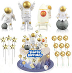 18 Pack Astronaut Cake Topper Set, Outer Space Cake Decoration Astronaut Figurine Rocket Caketoppers with Stars and Pearl Balls for Christmas Astronaut Themed Party Kids Birthday Tabletop Decor(Gold)
