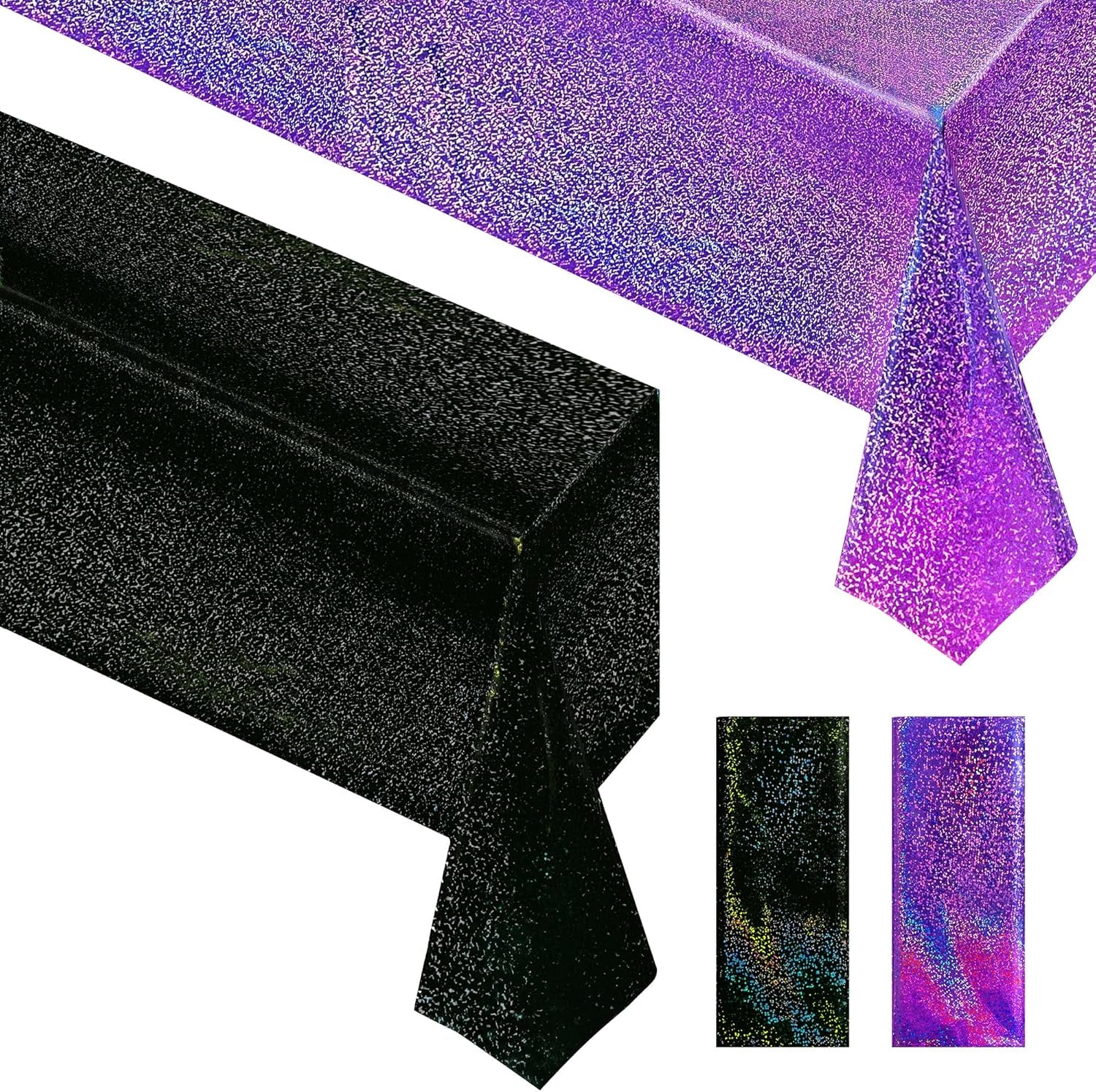 2 Pcs Black & Purple Holographic Laser Tablecloths Iridescence Shiny Table Covers 40" X 108" Halloween Decorations Space Plastic Table Cloths for Birthday Party Wedding Events Supplies