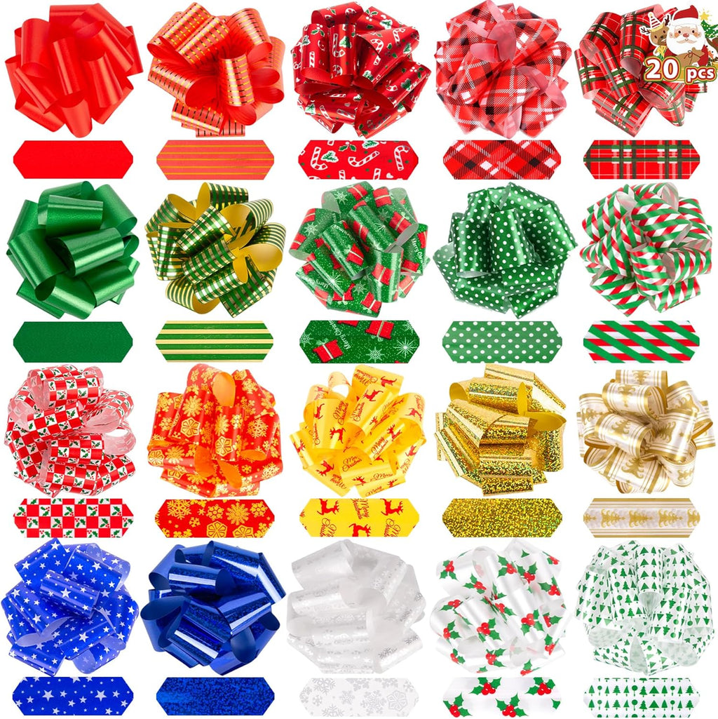 20PCS Christmas Bows for Gift Wrapping(5" Wide), Easy and Fast Wrap Pull Bows for Presents Basket Box Decor, 20 Styles Xmas Gift Wrapping and Party Supplies Decoration