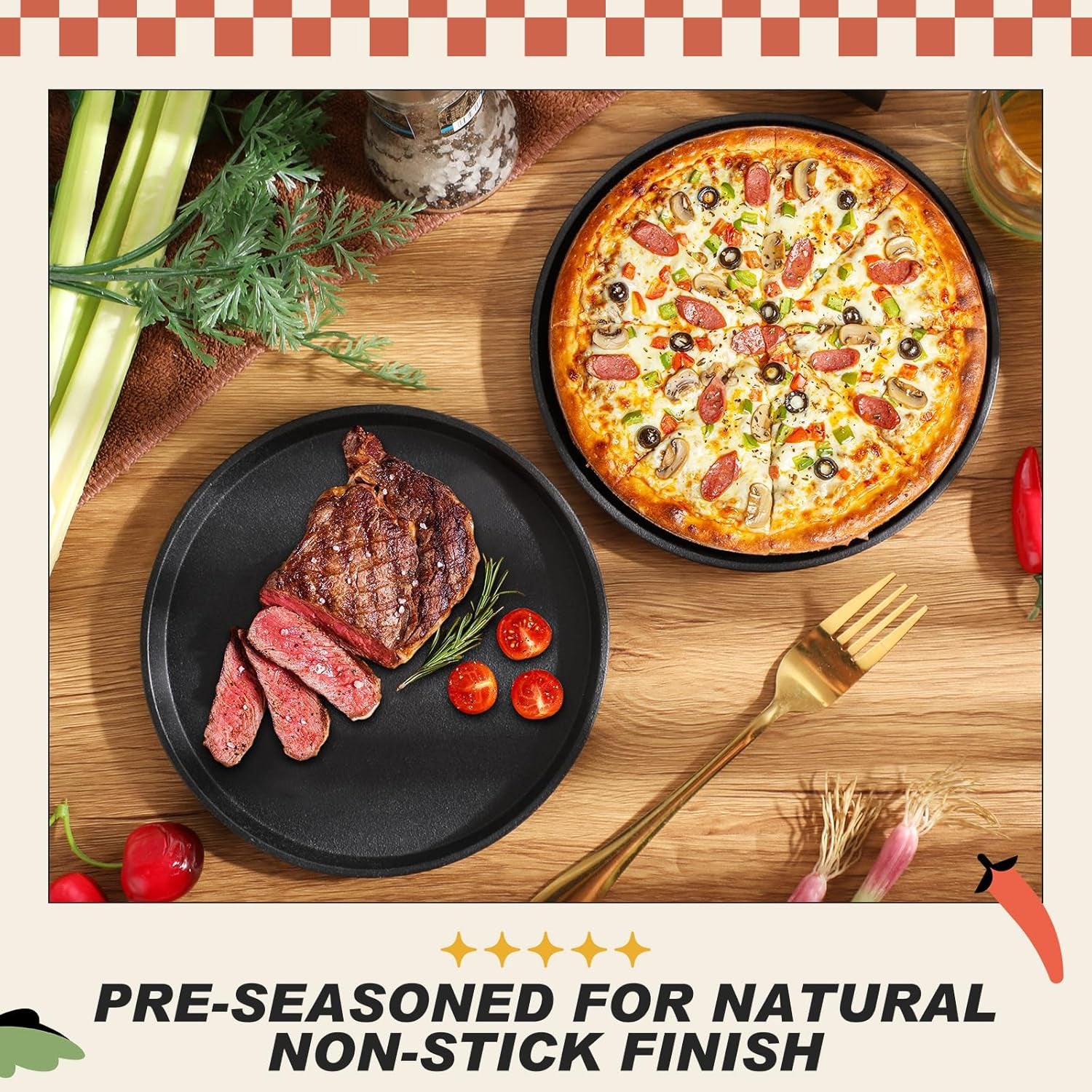 2 Pcs Small Cast Iron Griddle Pan 7.5'' round Cast Iron Pizza Pan Camping Skillets Mini Carbon Steel Griddle for BBQ Cooking, Baking, Grilling, Frying, in the Oven, on the Stove or Grill, Black