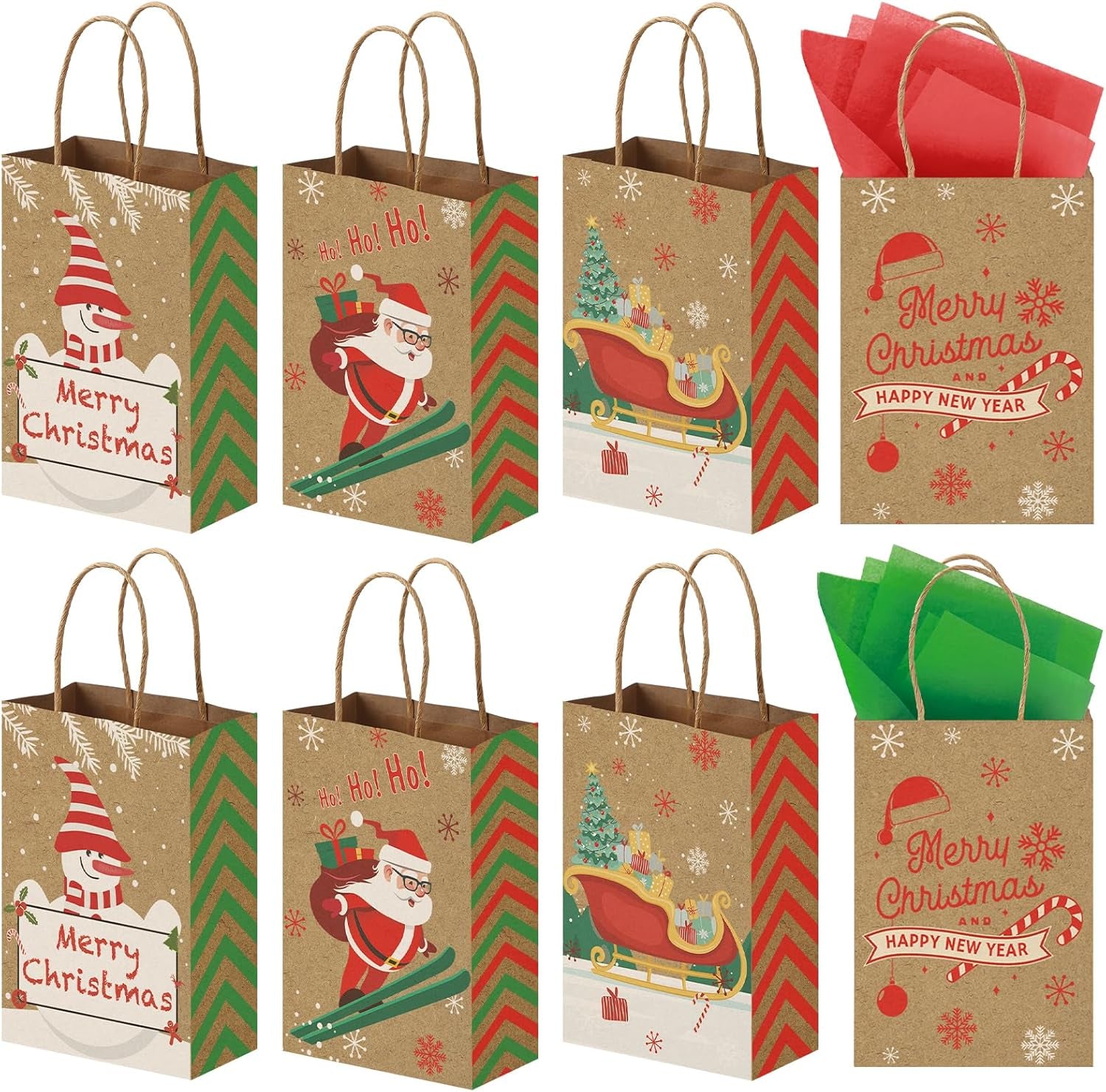 12 Pack Christmas Treat Bags with Tissue Paper, Kraft Paper Gift Bags with Handle for Christmas Party Favors Gift Exchange