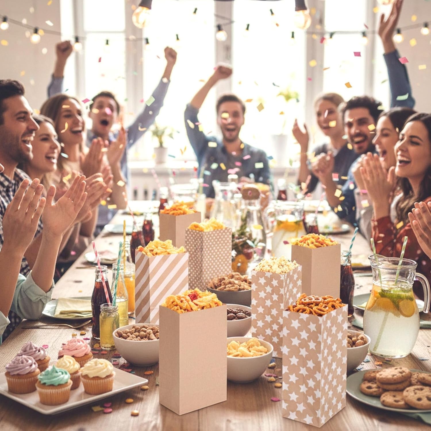 24 Pack Kraft Paper Bags with Stickers, 4 Styles Party Favor Bags for Christmas, Weddings, Birthdays, Retail, Lunch Treats