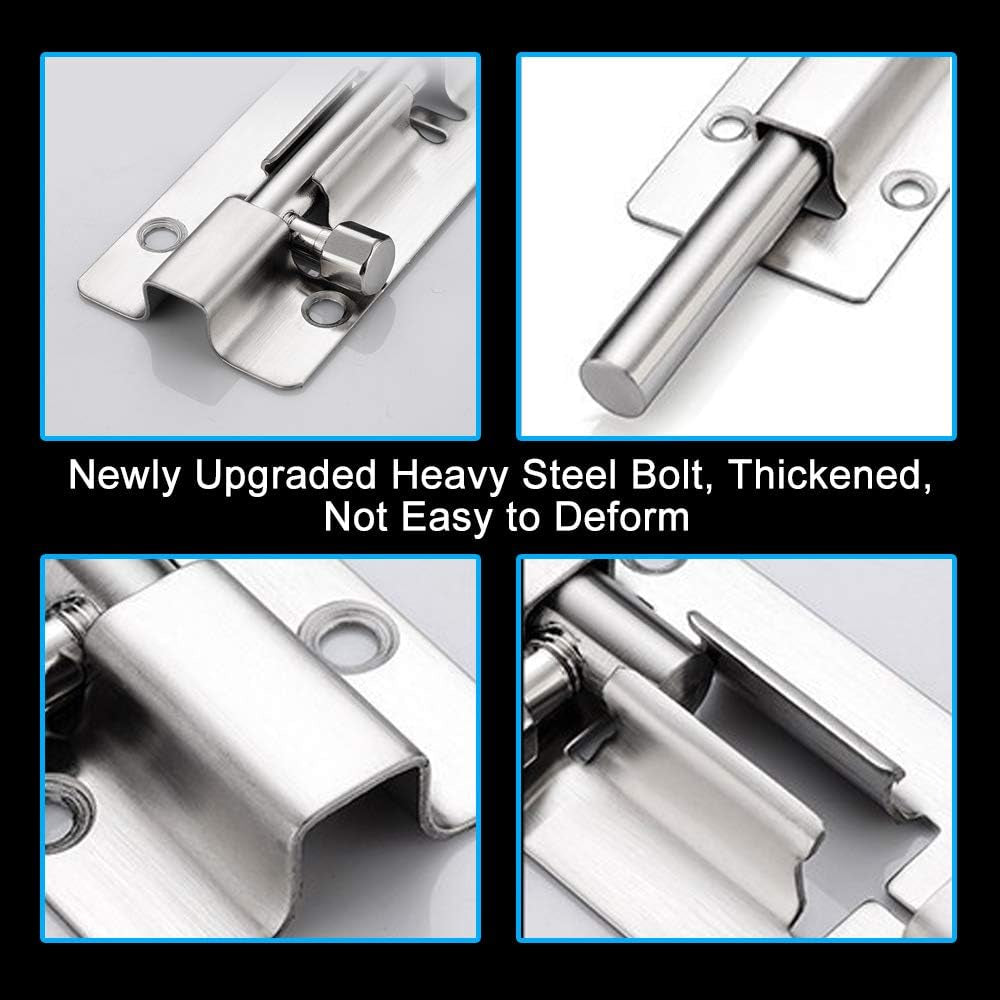 2 Pack Barrel Bolt Latch, 3 Inches Slide Latch Lock, Thickened Stainless Steel Sliding Locks for Door, Brushed Finish Sliding Bolt Lock Latches with 12PCS Screws