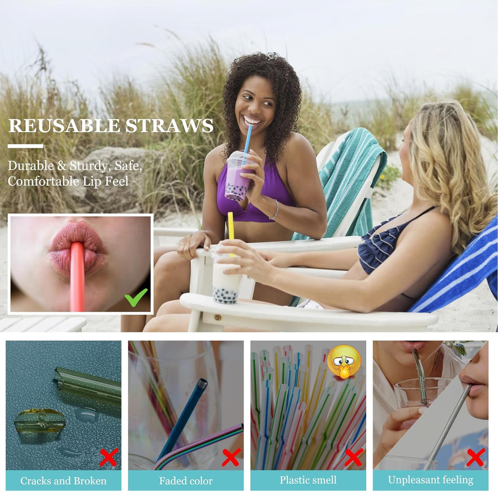 12 Pcs Reusable Boba Straws - Bpa-Free Wide Reusable Plastic Straws for Smoothies, Boba(Tapioca, Boba Pearls) & Shakes with 2 Brushes（Multicolor）