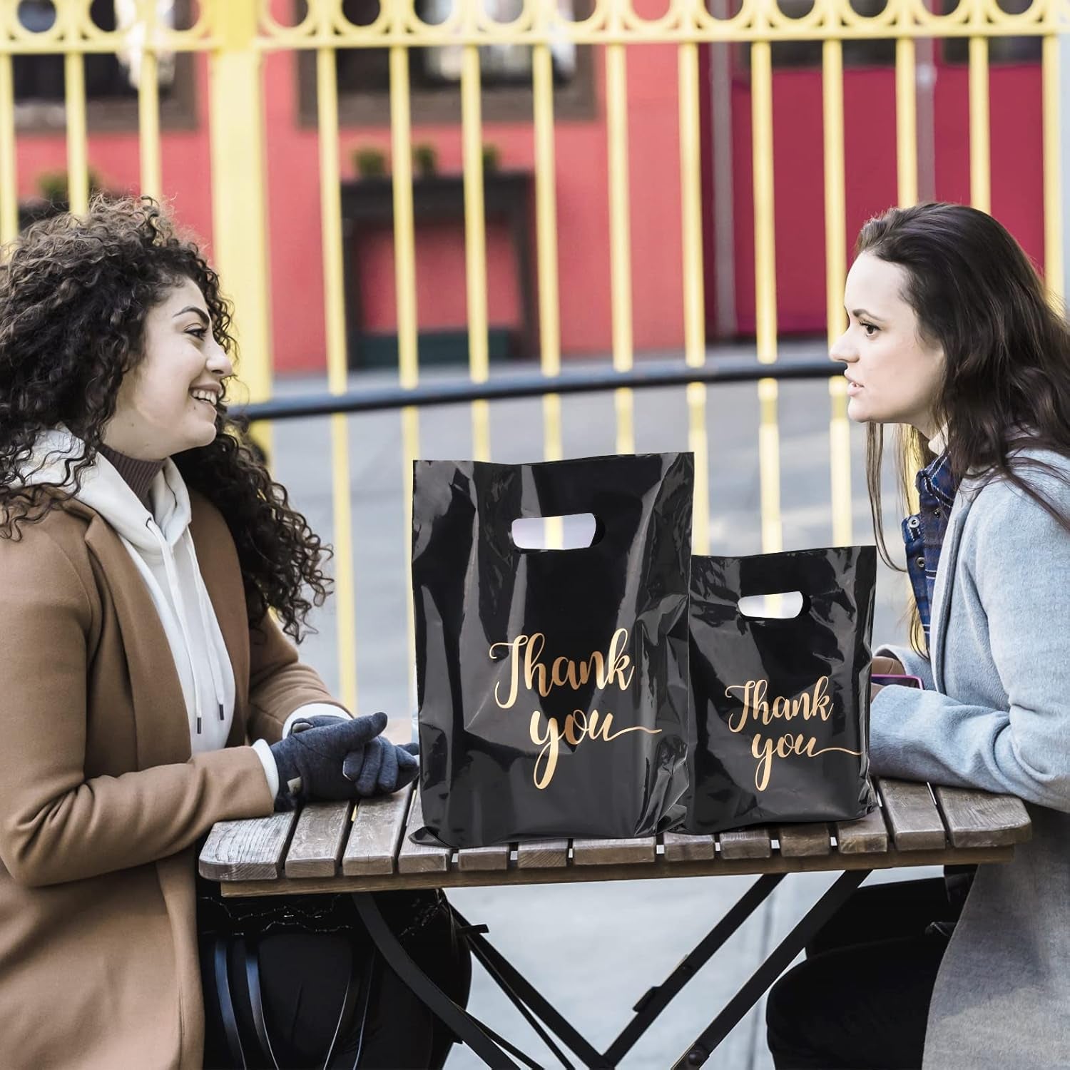 100 Pcs Thank You Merchandise Bags for Small Business, 2.36Mil Thickness 12X15 Inch Plastic Retail Shopping Bags with Handle for Goodie, Gift, Stores, Boutique, Clothing (Black)