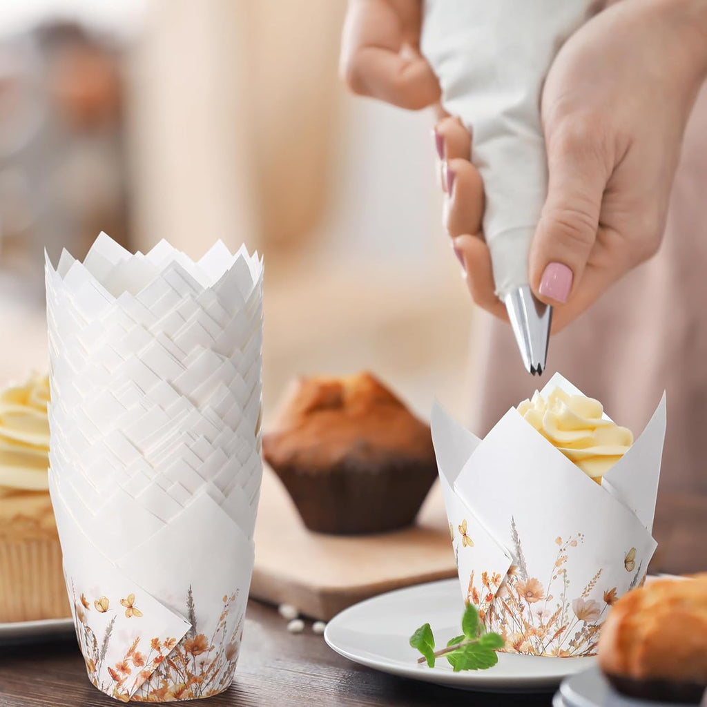 200 Pcs Fall Floral Tulip Cupcake Liners for Baking Autumn Wildflower Paper Muffin Baking Cups Flower Tulip Muffin Liners Wrappers for Thanksgiving Baby Shower Wedding Birthday Party Decor