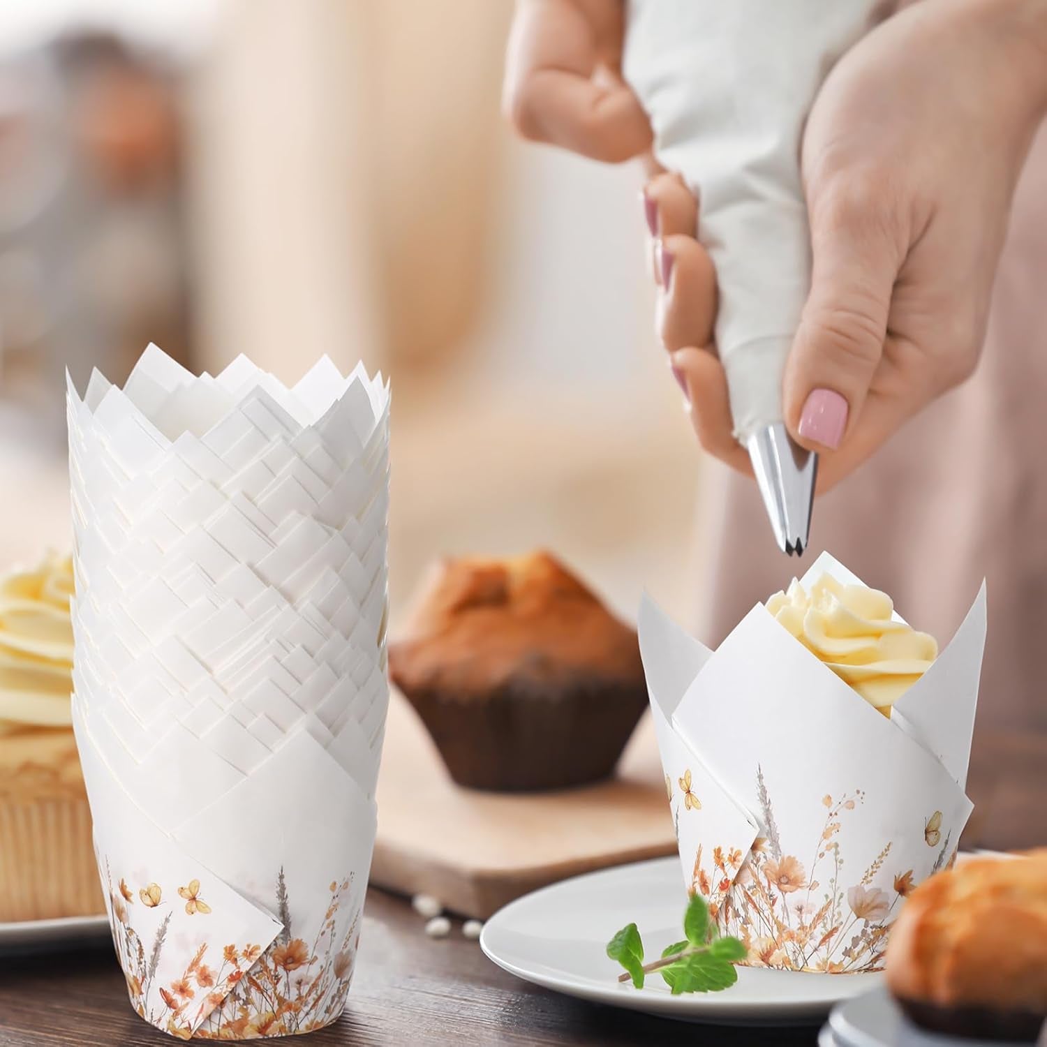 200 Pcs Fall Floral Tulip Cupcake Liners for Baking Autumn Wildflower Paper Muffin Baking Cups Flower Tulip Muffin Liners Wrappers for Thanksgiving Baby Shower Wedding Birthday Party Decor