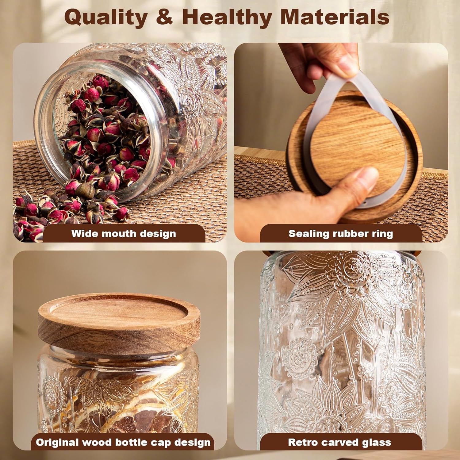 24Oz Glass Jar with Lid, Decorative, Cute, Glass Canister, Vintage Storage Jar for Sugar, Coffee, Tea, Spice, Flour, Candy, Cookie, Pasta, Cereal