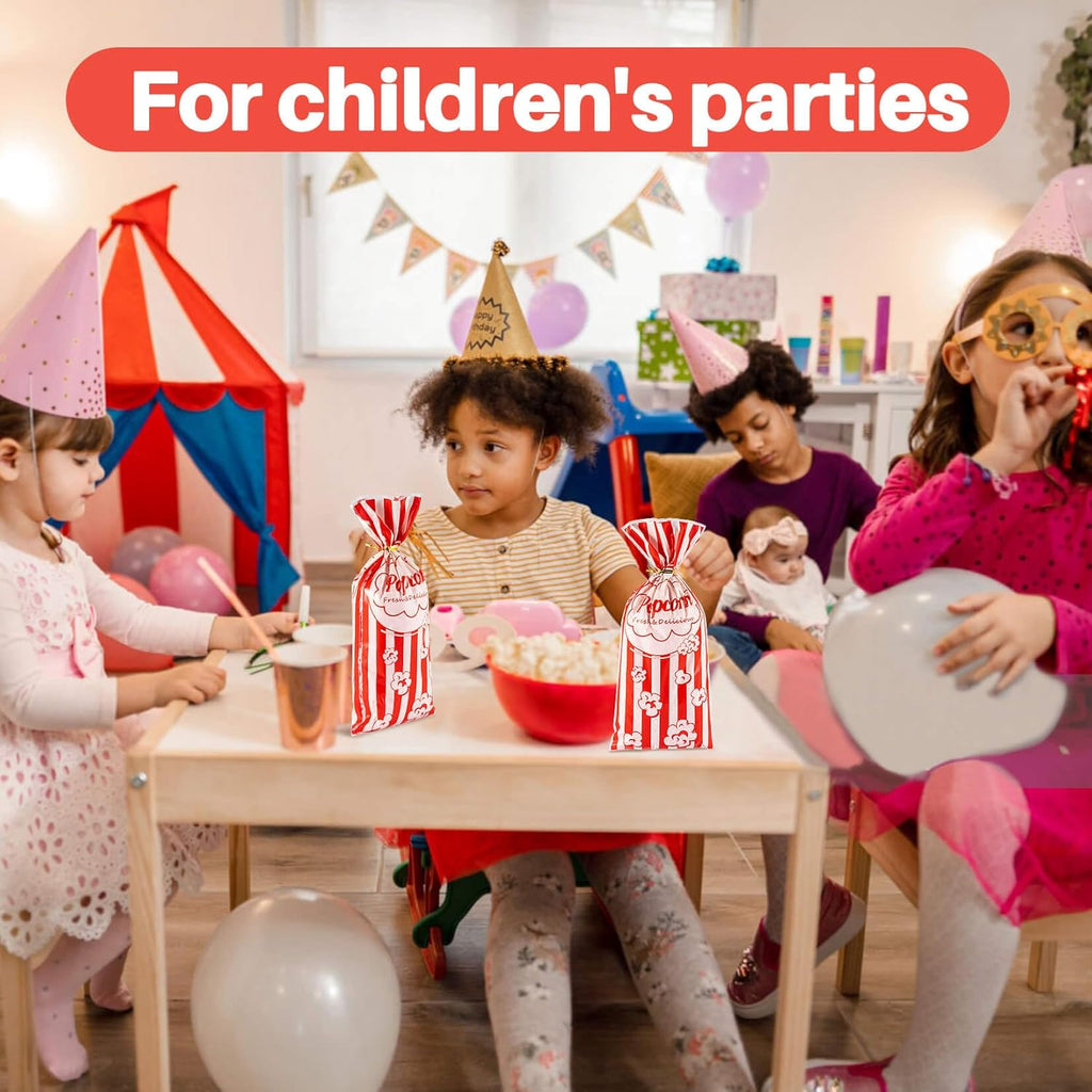 100 Popcorn Bags Individual Servings - Plastic Popcorn Food Bags with Twist Tie Pop Corn Party Sleeves Bulk Bar Snack Containers Nostalgia Gift Packs Carnival Halloween Christmas Movie Night Supplies