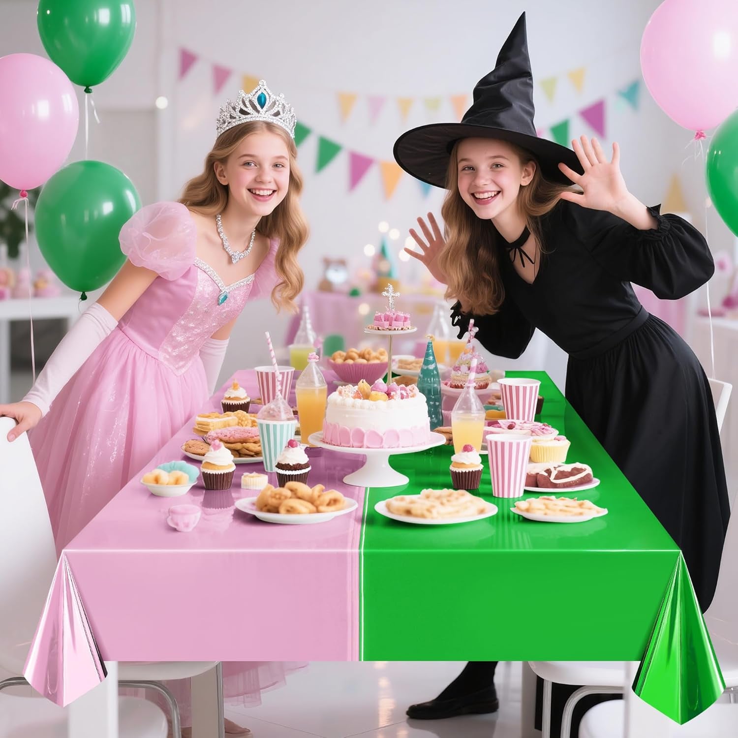 1 Pack Pink Green Foil Tablecloth, 40X106 Shiny Metallic Party Table Cover for Birthday, Princess Witch Theme, Graduation, Baby Shower, Celebration Decorations