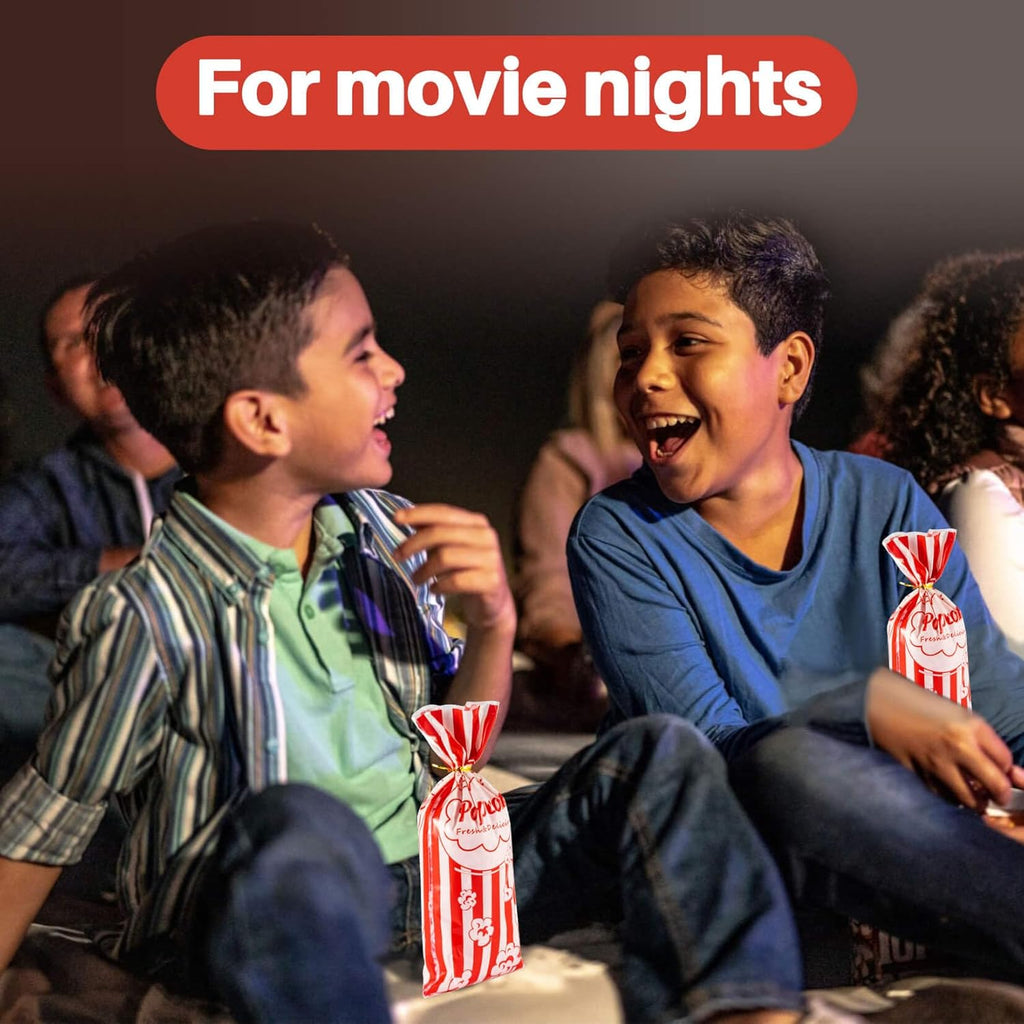 100 Popcorn Bags Individual Servings - Plastic Popcorn Food Bags with Twist Tie Pop Corn Party Sleeves Bulk Bar Snack Containers Nostalgia Gift Packs Carnival Halloween Christmas Movie Night Supplies