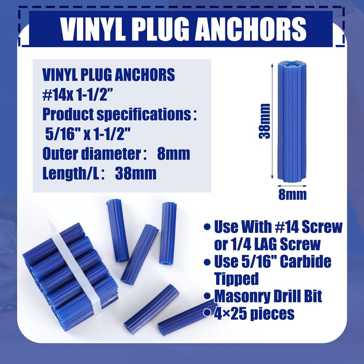 100 Pcs Expanding Plastic Anchors for Concrete 5/16" X 1-1/2" for #14 Screw or 1/4 Lag Screw Blue Anchors Drywall Wall Expansion Pipe for Hollow Walls Tile Cement Bolt Expansion Tube