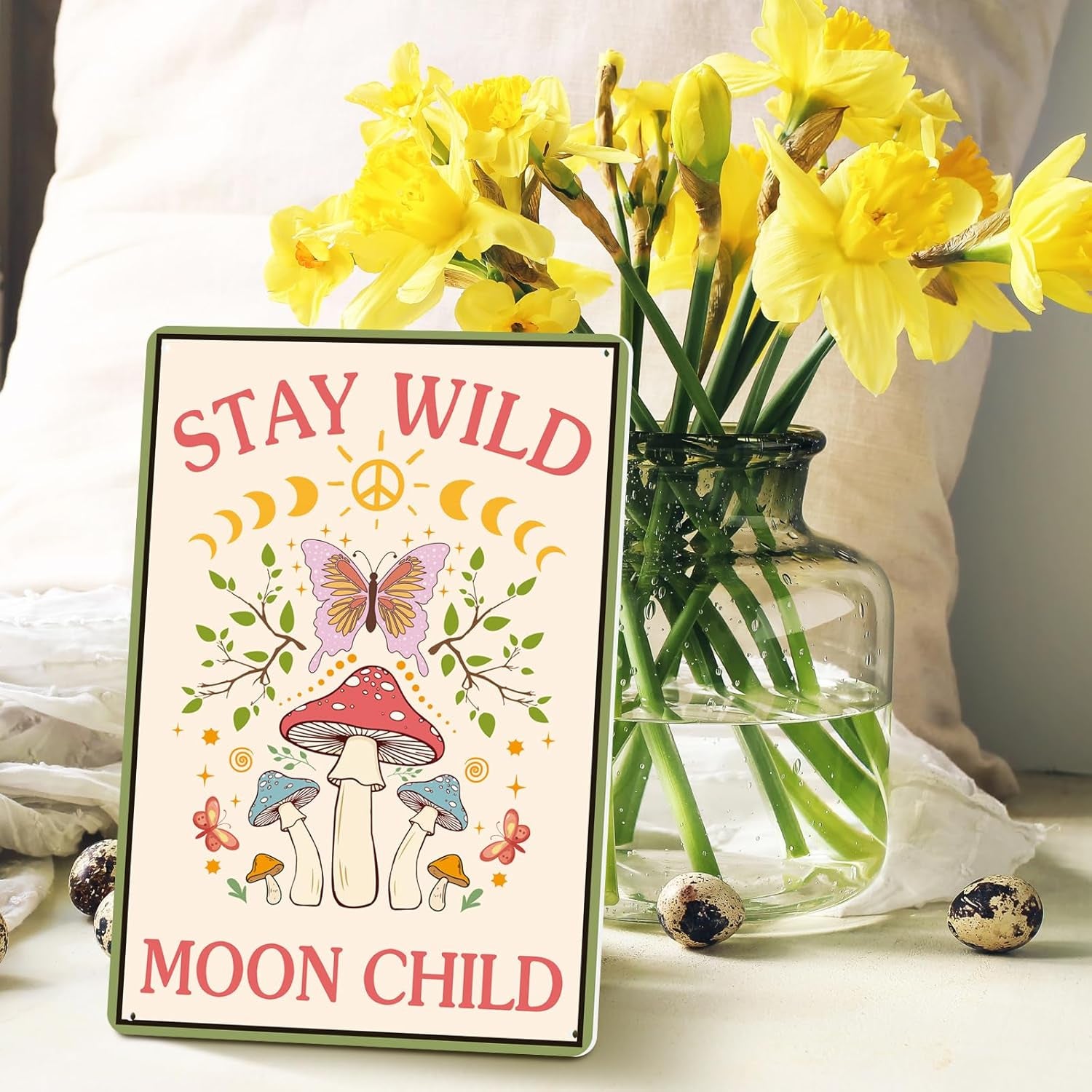 2 Pcs Funny Mushroom Decor Vintage Tin Signs Frog Decor Do What Makes You Happy Sign Stay Wild Moon Child Sign Retro Mushroom Wall Nature Ornament for Bathroom Forest Room, 12 X 8 Inch