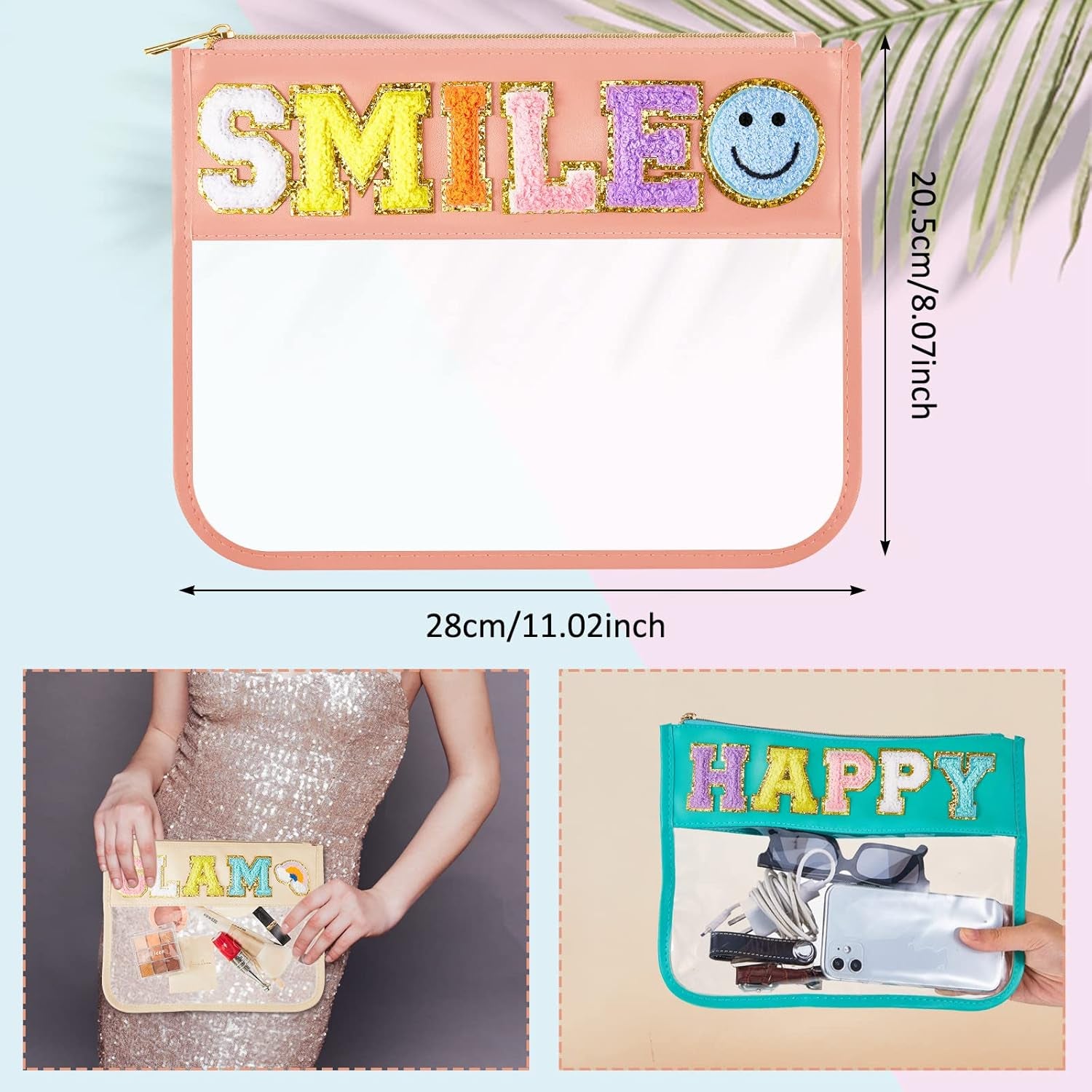 3 Pcs Chenille Letter Zipper Pouch for Travel Clear Snack Bags Waterproof Cosmetic Pouch Nylon Gym Beach Multipurpose Makeup Bag for Women Girl(Happy, Glam, Smile,Bright Color)