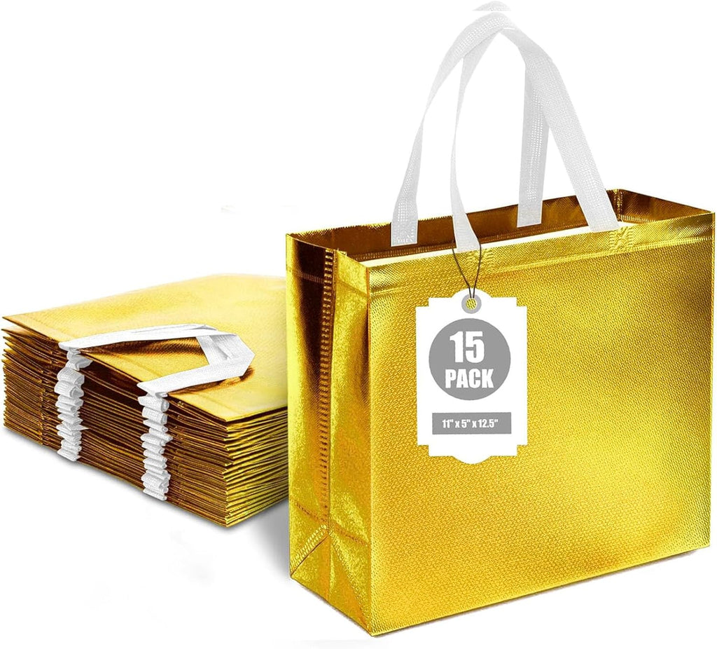 15PCS Reusable Gift Bags with Handles, 12.6 X 5 X 11, Gold, Bulk, Large Party Favor Bags for Birthday, Wedding