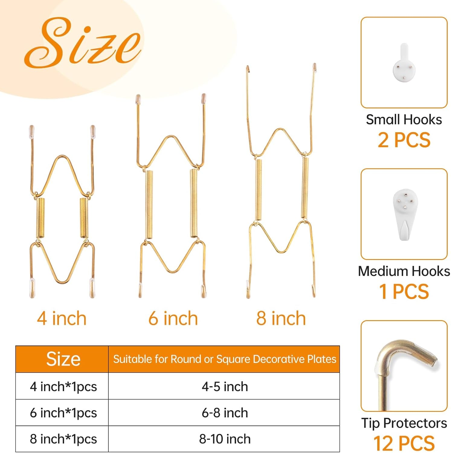 3-Piece Stainless Steel Wall Plate Hangers, 4/6/8 Inch Invisible Decorative Wire Plate Holders with 3 Pieces Wall Hooks for 4 to 10 Inch (Gold)