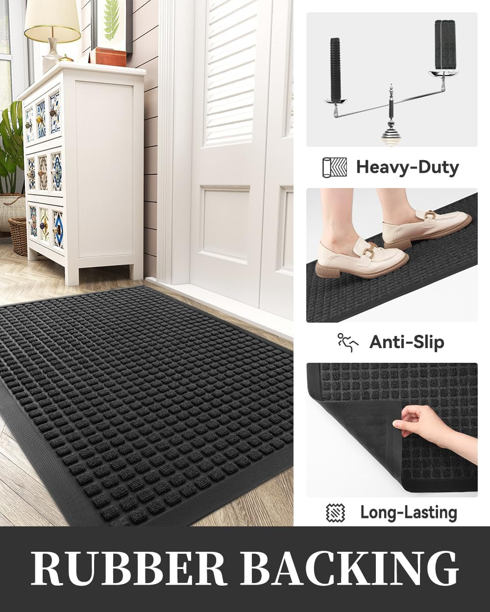 -Door Mat outside Entrance Outdoor Indoor Front Doormat for Entryway-Welcome Mat Durable Rubber Backed Entry Mat Non Slip Dirt Trapper Absorbent-Black 17’’X30’’