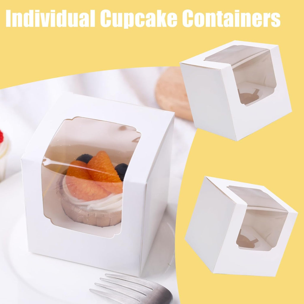 20PCS White Cupcake Boxes, 3.5"X3.5"X3.5" Individual Cupcake Containers Pre-Assembled Containers with Window and Inserts for Wedding Baby Shower Birthday