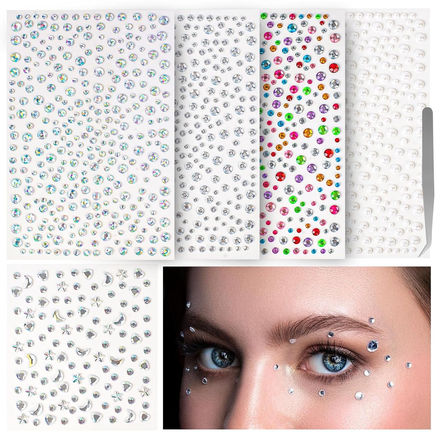 1465P Face Gems, Self-Adhesive Hair Gems, 5 Different Types of Face Rhinestones, Face Gems Stick on for Face, Eyes, Body, Hair, Makeup, Festival Decorations, DIY Crafts