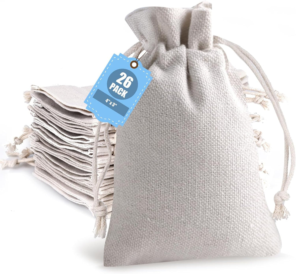 26 Pack Canvas Drawstring Pouch Bags, 3X4 Inch Reusable Coffee Tea Bags for Party Wedding Favors, Home Kitchen Bulk Supplies