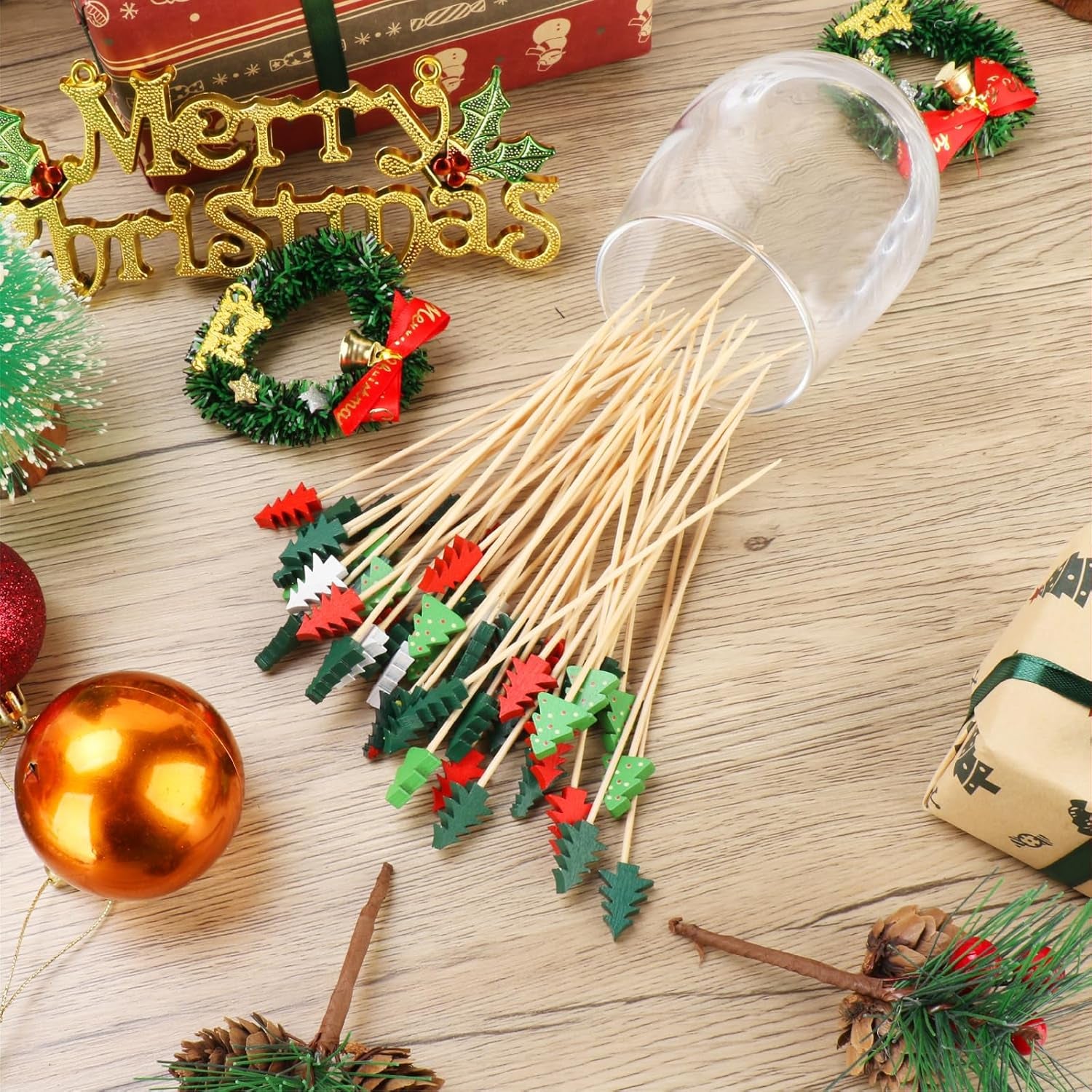 100 Christmas Tree Cocktail Picks, 4.7" Long Christmas Toothpicks for Appetizers, Bamboo Decorative Xmas Skewers Wood Sandwich Fruit Food Sticks for Christmas Party Supplies Charcuterie Accessories