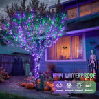 2 Pack Purple and Green Halloween Lights, Each 33FT 100 LED Solar Halloween Lights Outdoor, Waterproof Solar Fairy Light for outside Patio Yard Tree Decorations