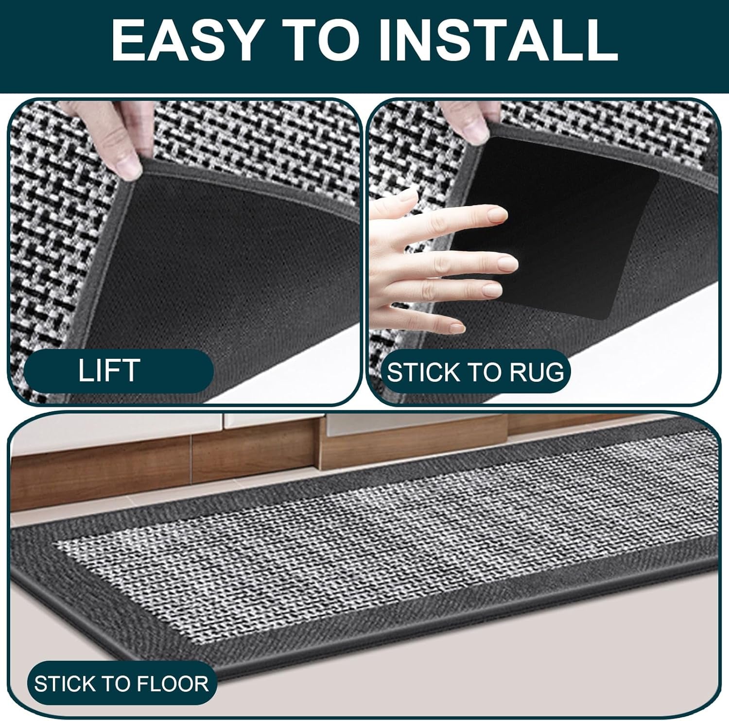 12 PCS Rug Pad Gripper, Washable Grippers for Rug Tape, Non-Slip Carpet Gripper for Hardwood Floors and Tile, Reusable Carpet Tape for Area Rugs, Double Sided Adhesive Rug Stickers, Keep Corner Flat