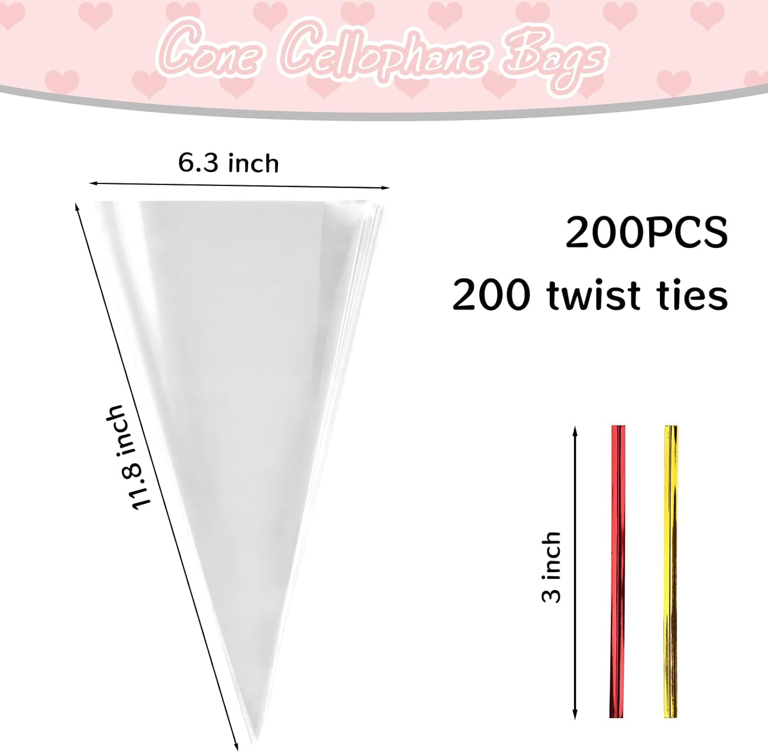 200 Pack Cone Bags, 6.3×11.8 Inch Cellophane Treat Bags with Ties for Wedding Birthday Halloween Party Favor