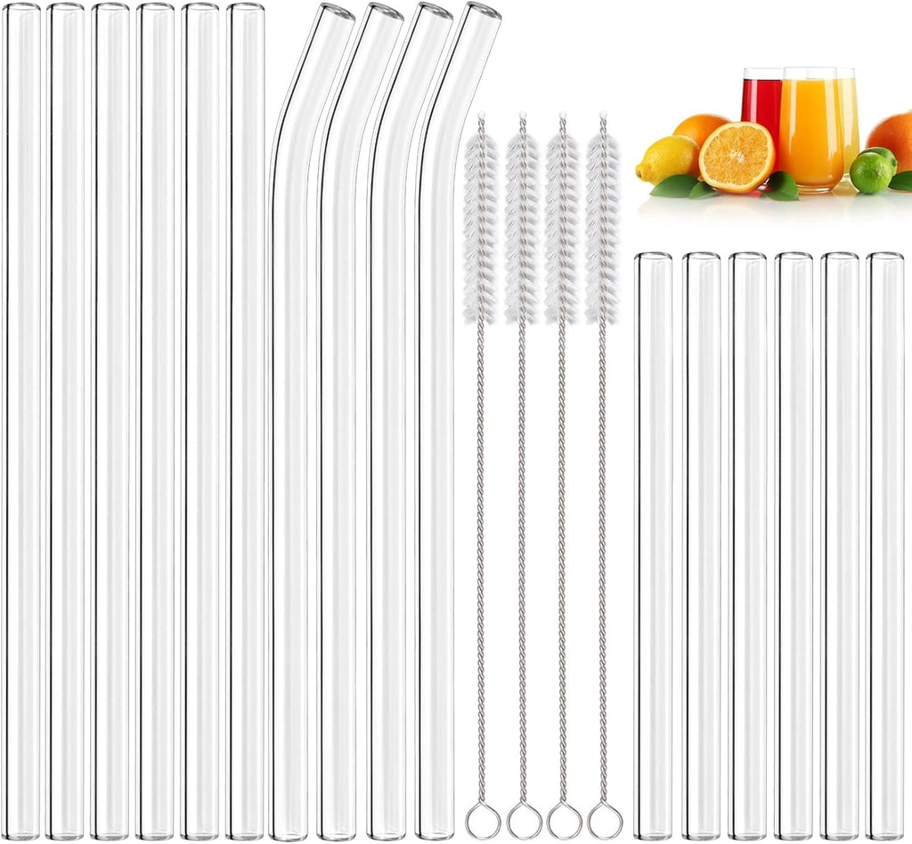 20 Pack Reusable Glass Straws,6 Straight and 4 Bent and 6 Short Glass Straw with 4 Brushes,Perfect for Cocktail, Smoothies, Juice, Milkshakes(8.5''/5.9''×10Mm)
