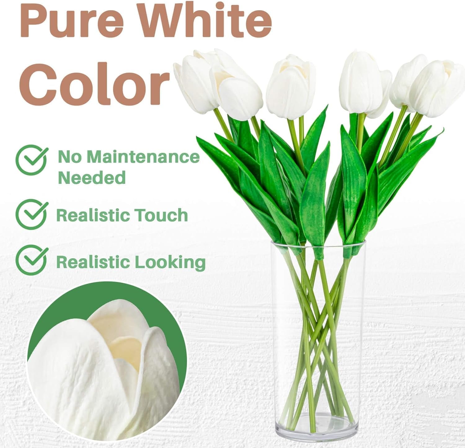10 White Tulips Artificial Flowers - Real Touch Fake Tulips, Realistic Faux Plastic Flowers Bouquet for Home Dining Table Decoration
