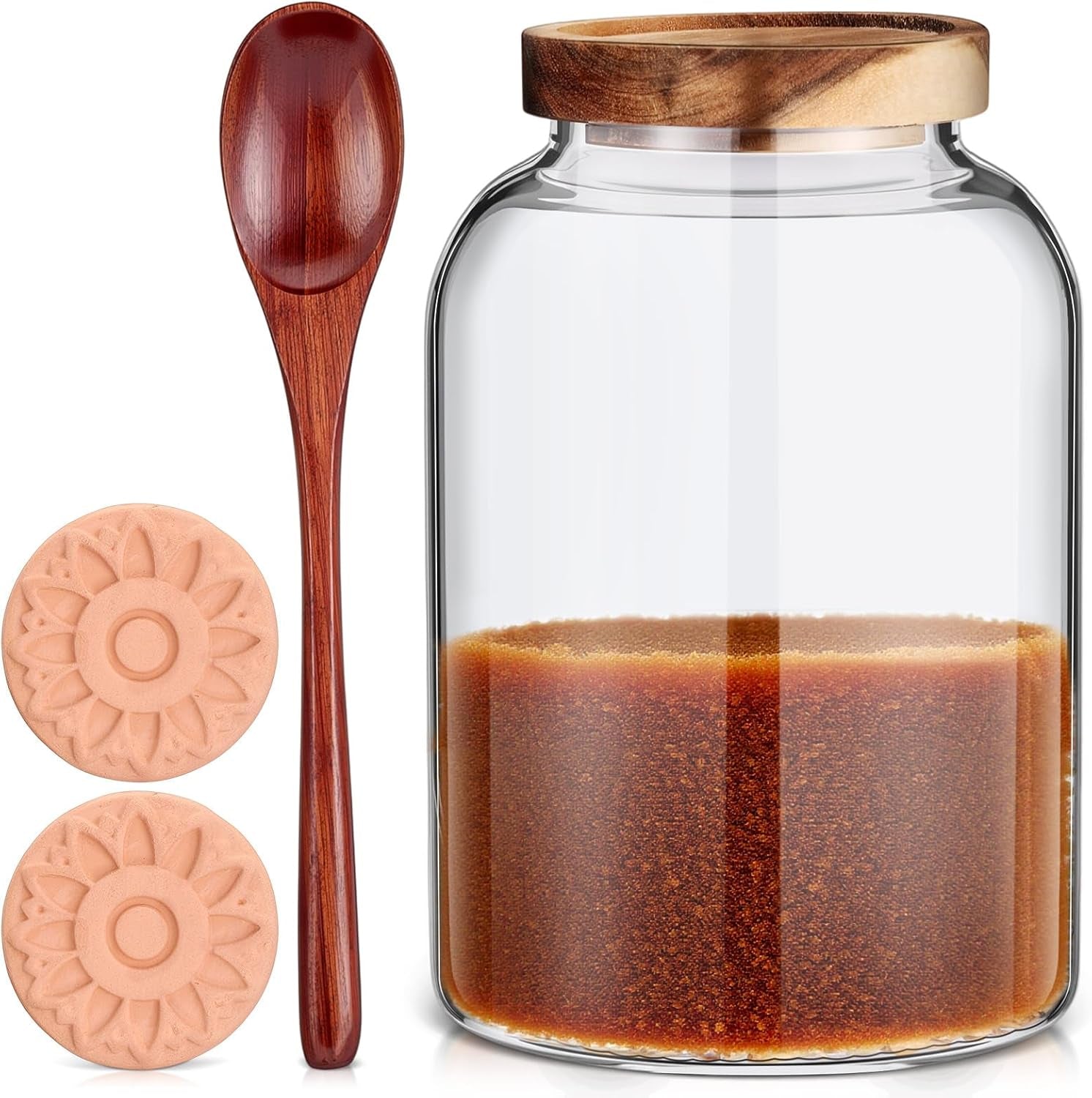 1800Ml 60.8Oz Large Brown Sugar Keeper Container Glass Sugar Jar with Lid and Spoon Airtight Food Storage Glass Bottle with 2 Terracotta Brown Sugars Saver for Kitchen Store Coffee Tea Flour