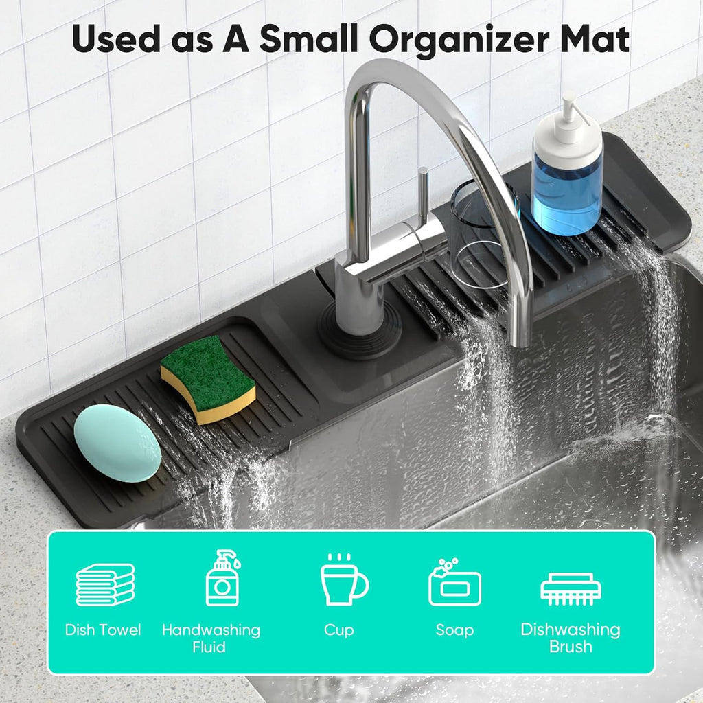 24 Inch Longer Faucet Mat for Kitchen Sink, 5° Slope Fast Self-Draining, Kitchen Sink Splash Guard Silicone Sink Faucet Mat Splash Guard Kitchen Sink Area Tidy Splash Faucet Guard Draining Mat
