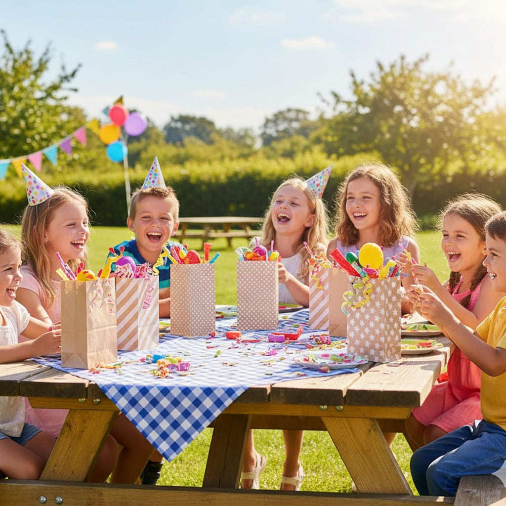 24 Pack Kraft Paper Bags with Stickers, 4 Styles Party Favor Bags for Christmas, Weddings, Birthdays, Retail, Lunch Treats