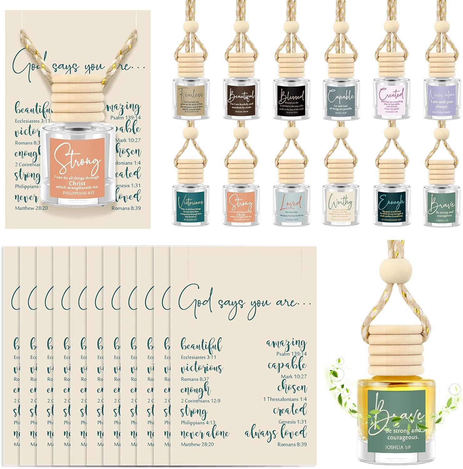 24 Set Christian Gift Bulk Church Empty Hanging Car Air Freshener Diffuser Bottles 8Ml for Essential Oils Religious Biblical Gifts Christmas Employee Favors for Women Men