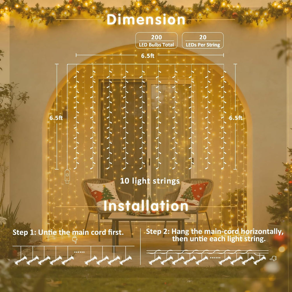 200 LED Christmas Curtain Lights for Bedroom, Warm White Hanging Curtain String Lights Indoor, USB Plug in Christmas Twinkle Lights with Remote for Wall Backdrop Wedding Party Decor