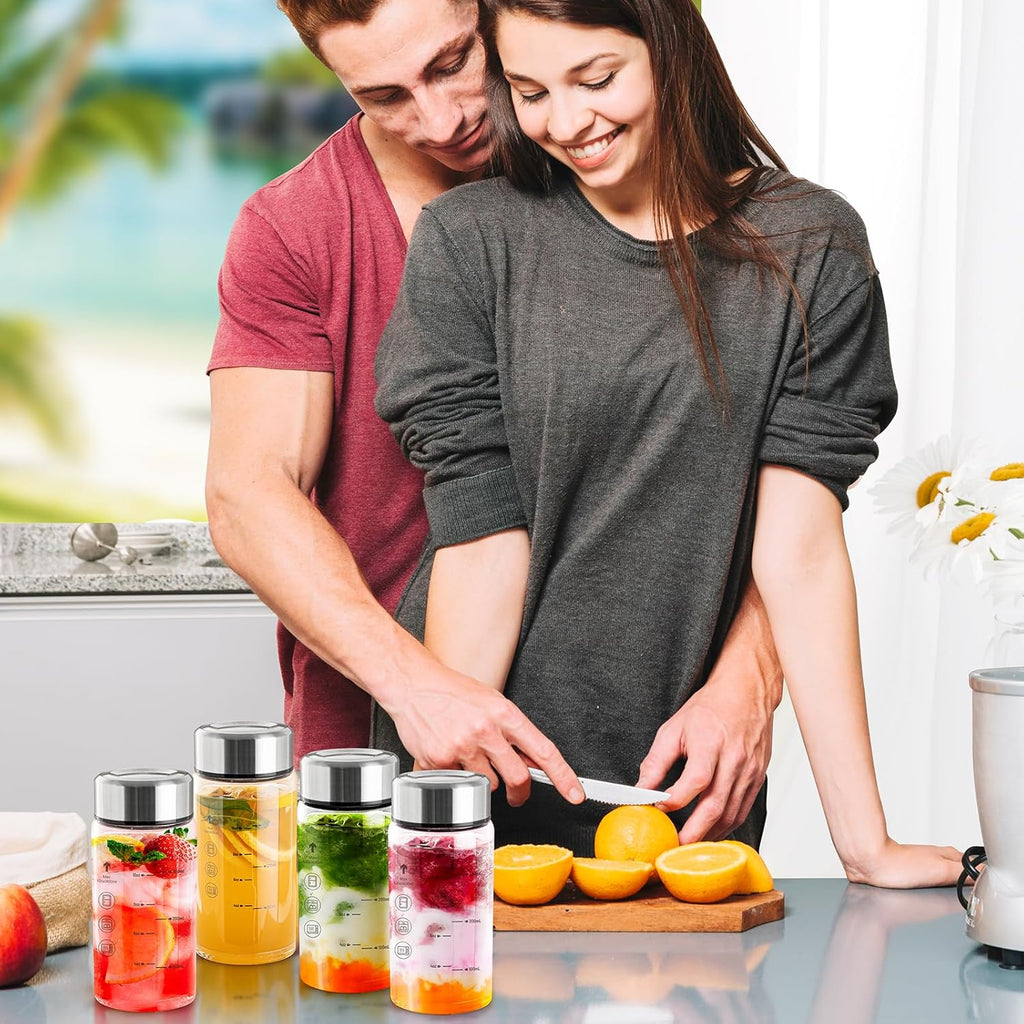 12 Oz Glass Bottles with Lids, 4 Pack Glass Juice Bottles, Reusable Water Bottle for Juicing, Stainless Steel Lids Juicer Bottles, Leakproof, BPA Free