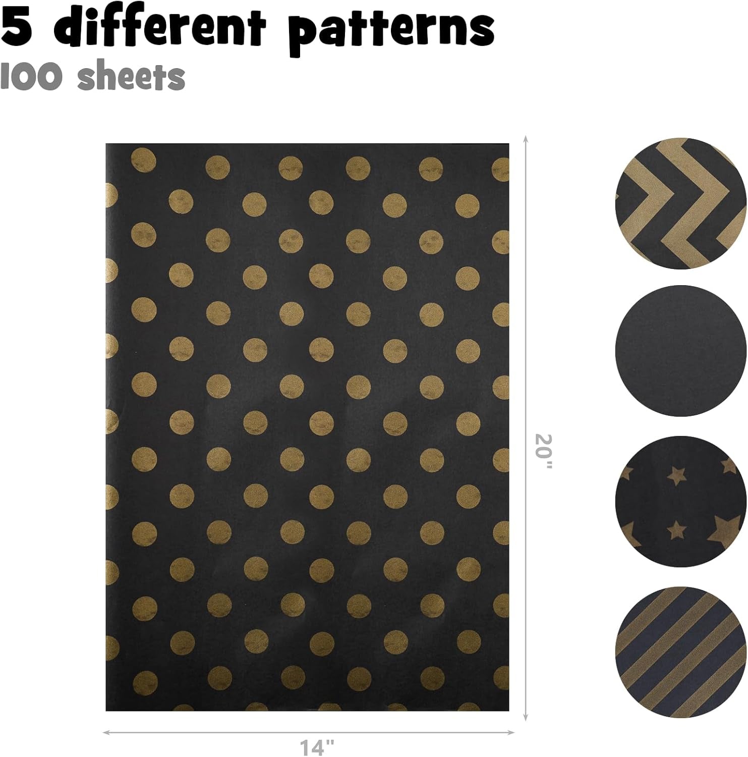 100 Sheets Tissue Paper for Gift Bags, Metallic Black Gold Pattern Wrapping Tissue Paper for Christmas Gift Wrapping Birthday Wedding 20 X 14 Inch