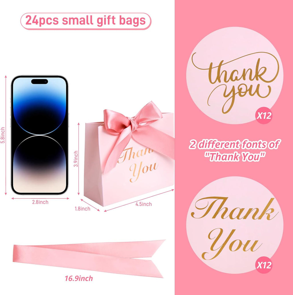 24PCS Thank You Gift Bags, 4.5X3.9X1.8Inches Mini Party Favor Bags Pink Small Candy Boxes with Ribbon Small Gift Boxes for Wedding Bridal Baby Shower Birthday Party