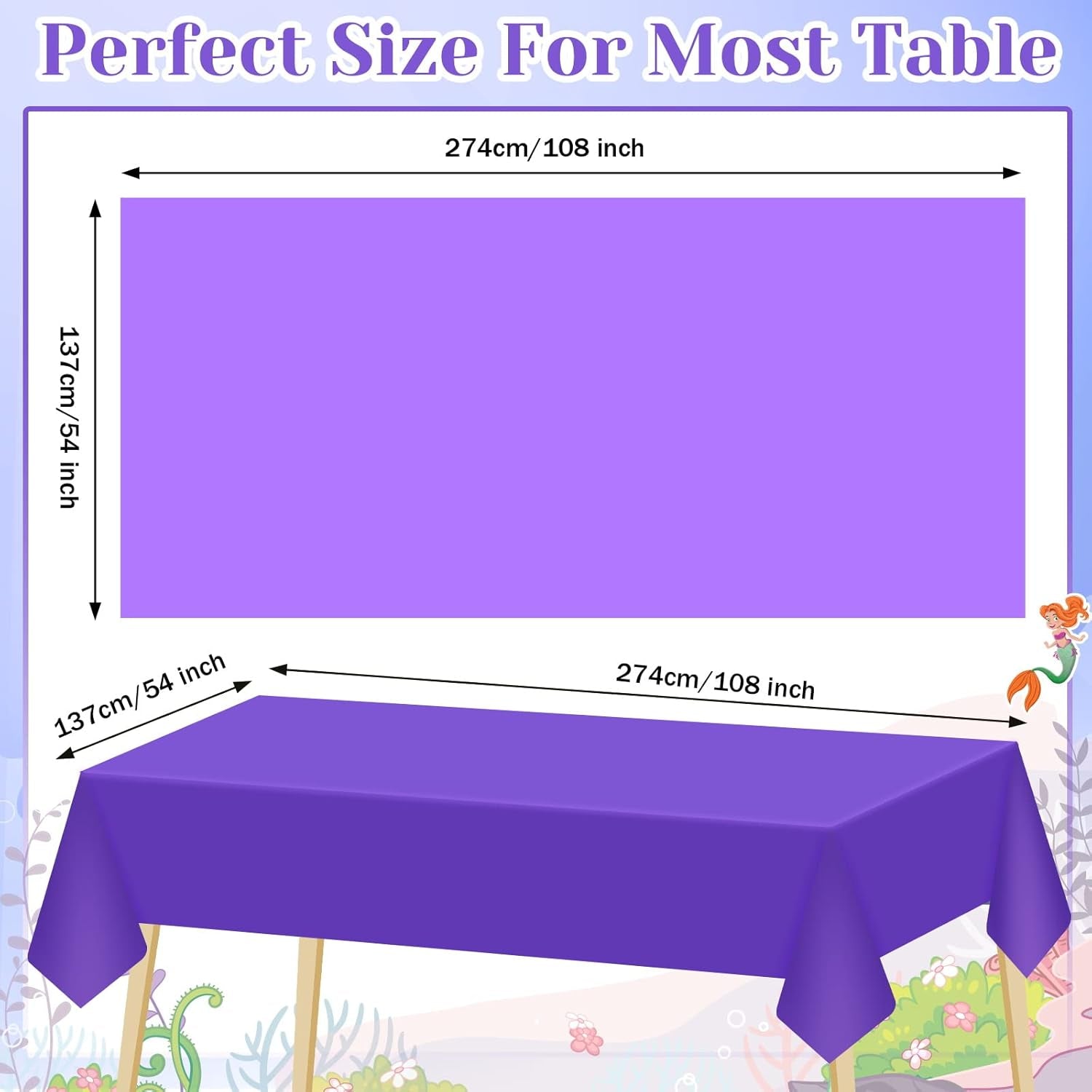 12 Pcs Mermaid Tablecloth 54" X 108" Disposable Blue Purple Princess Tablecloths Plastic Tablecloth Colorful Rectangle Table for Girl Birthday, Baby Shower, Ocean Theme and Wedding Party Decor
