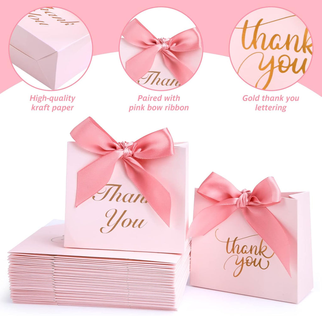 24PCS Thank You Gift Bags, 4.5X3.9X1.8Inches Mini Party Favor Bags Pink Small Candy Boxes with Ribbon Small Gift Boxes for Wedding Bridal Baby Shower Birthday Party